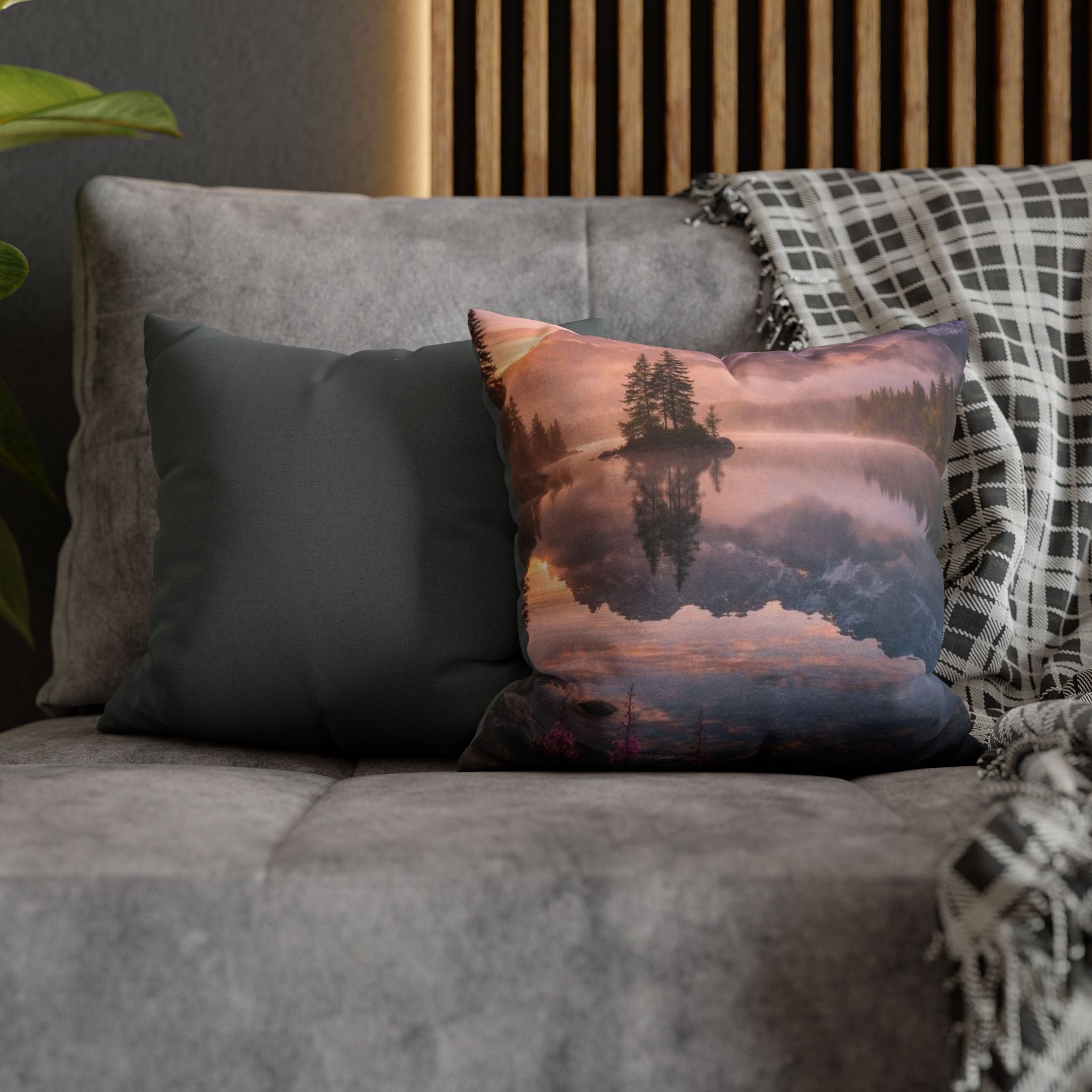 Scenic Lake Reflection Square Pillow — Mountain Sunrise Decorative Pillowcase