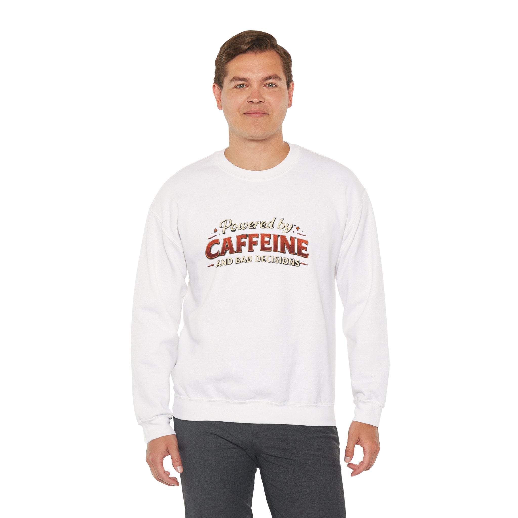 Caffeine Lover Sweatshirt – "Powered by Caffeine and Bad Decisions" Cozy Crewneck