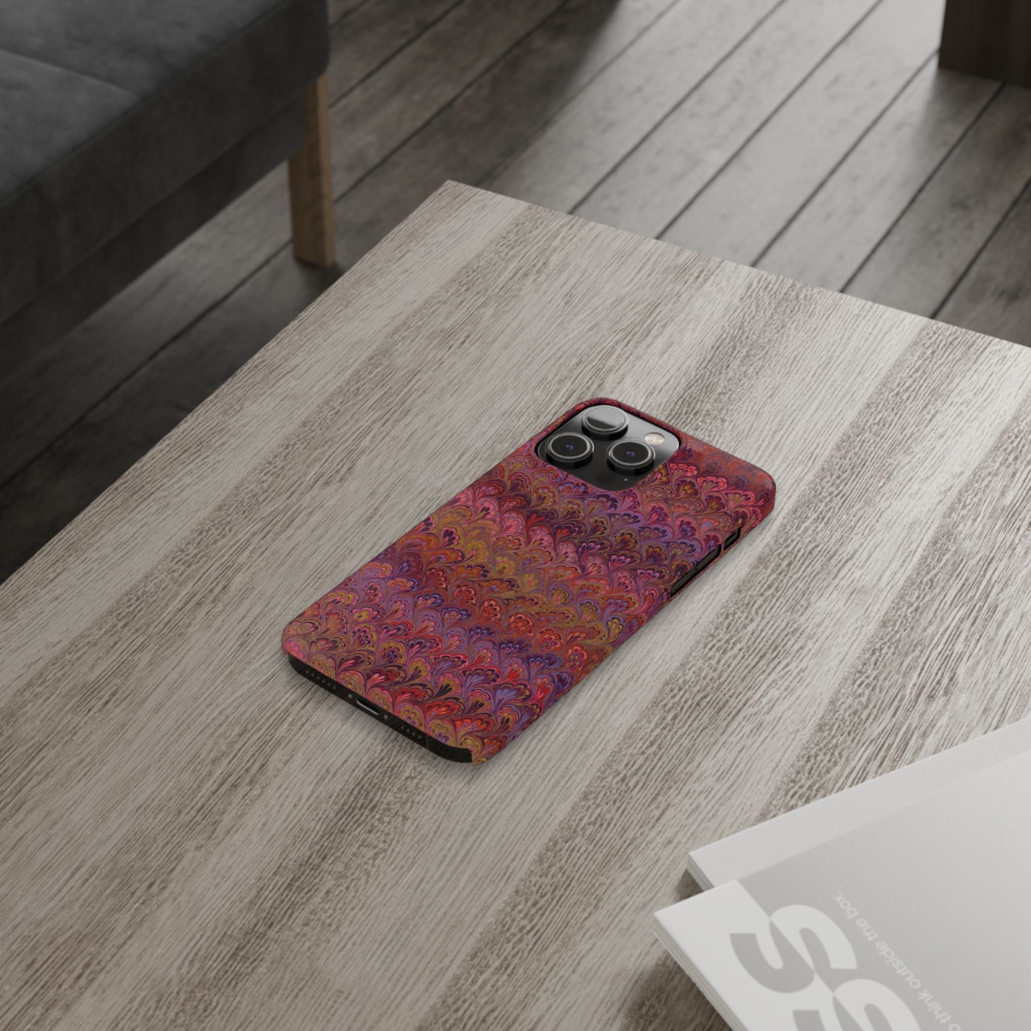 Reds, Lavenders, Marbled VIntage Design, Italian Feather Phone Case, Slim Phone Cases, IPHONE16 and all sizes