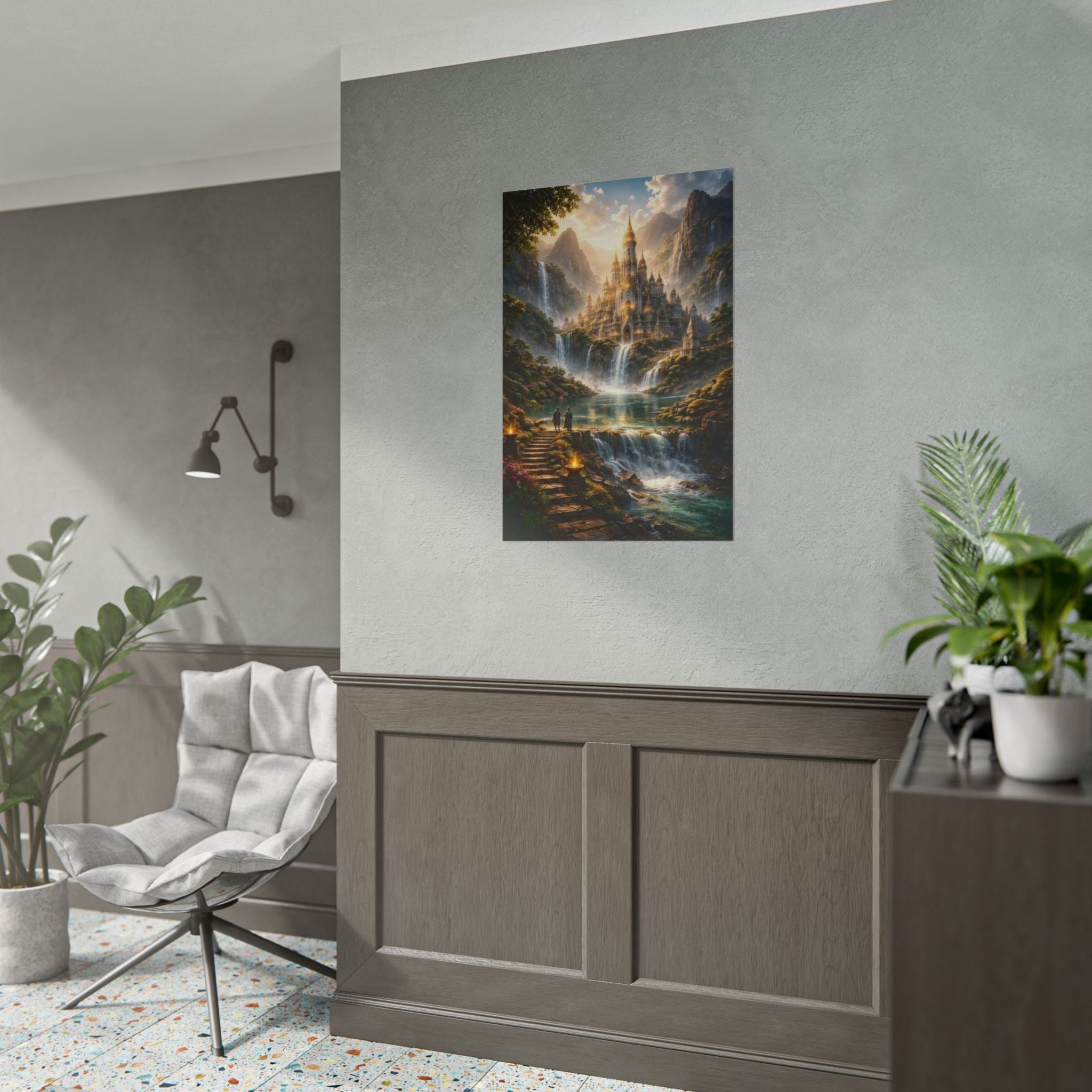 Fantasy Castle Rolled Poster — Enchanted Waterfall Landscape Wall Art