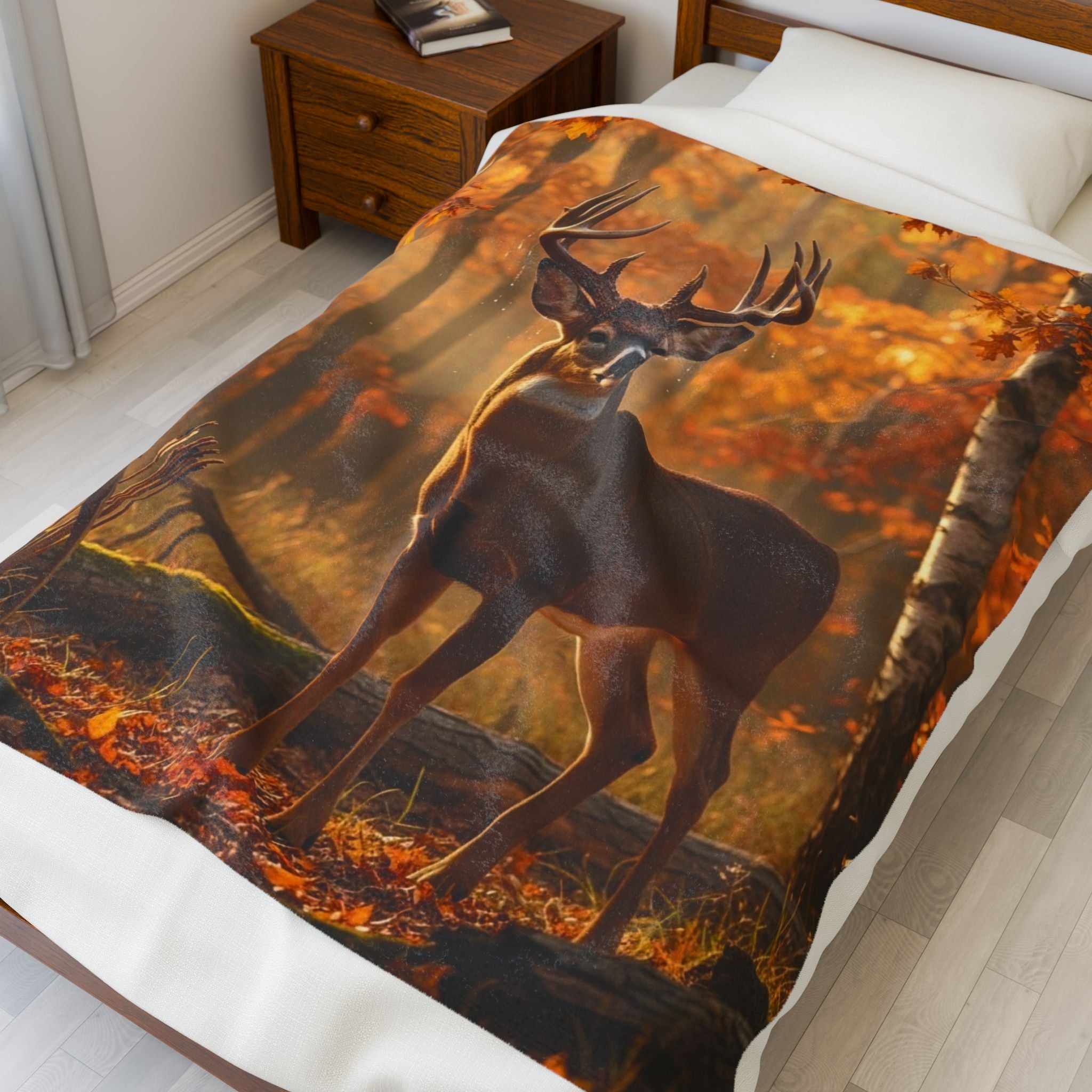 Autumn Stag Velveteen Plush Blanket - Cozy Deer Woodland Throw