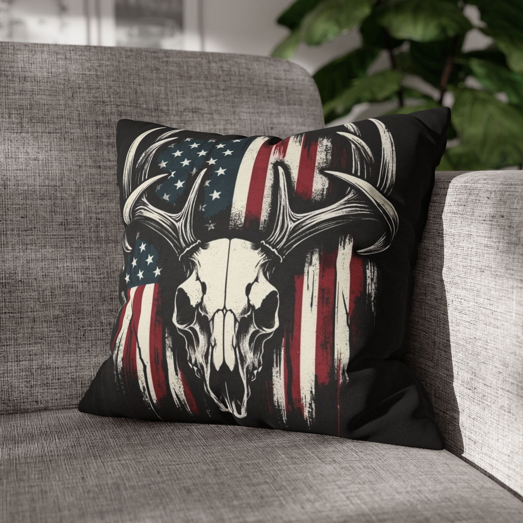 Deer Skull American Flag Throw Pillowcase — Patriotic Hunting Decor
