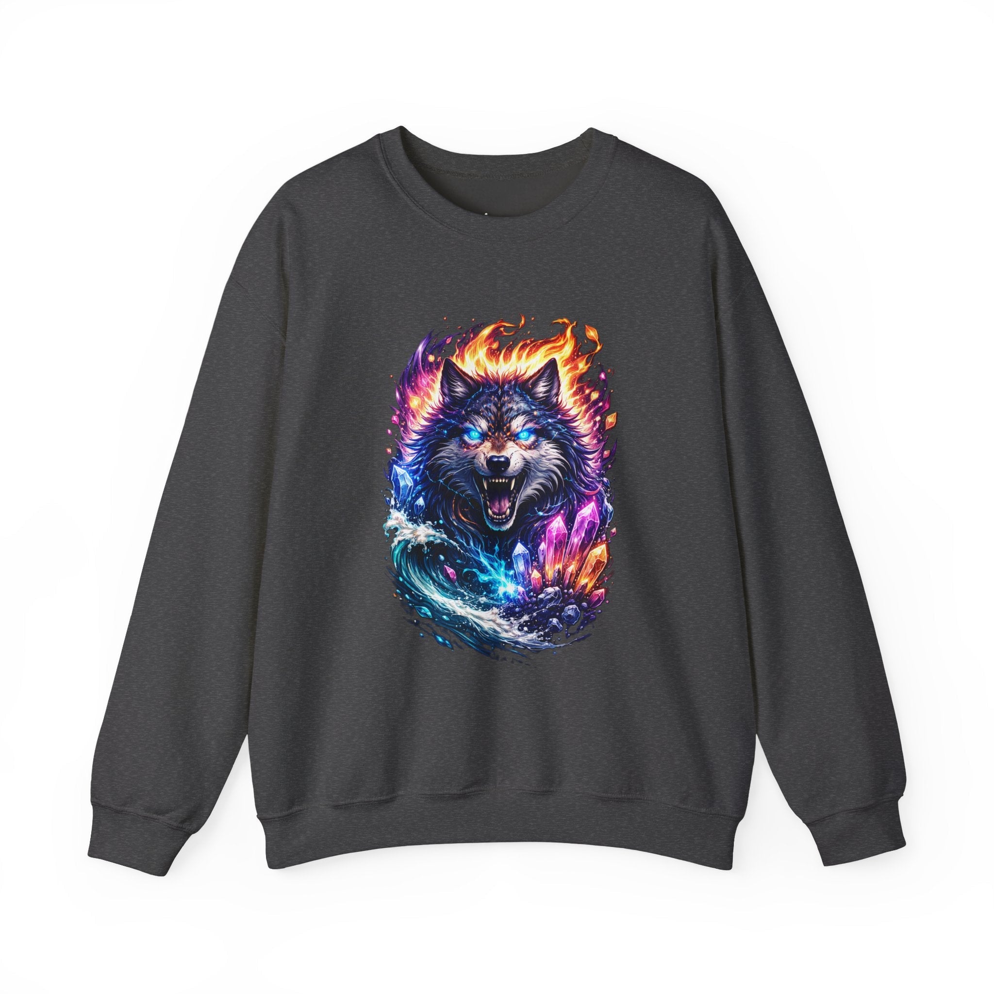 Cosmic Wolf Crewneck Sweatshirt — Neon Fire & Ice Wolf Graphic