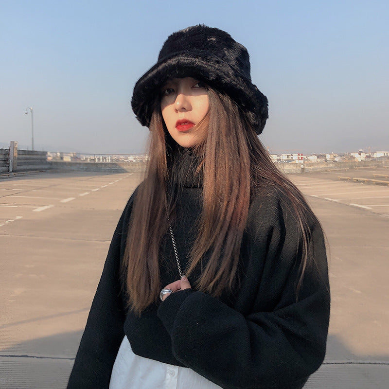 Winter Women's Thickened Imitation Rabbit Fur Flat Top Japanese Fisherman Hat