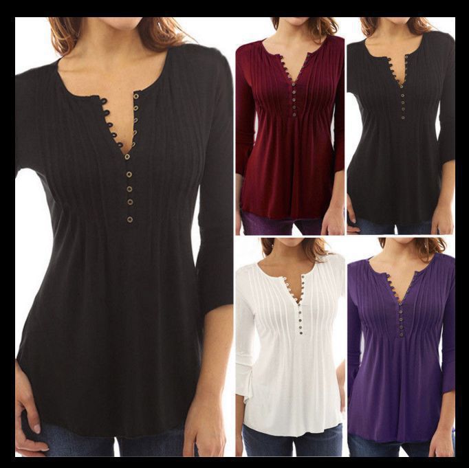 Three-Quarter Flared Sleeves V-Neck Plus Size Pleated T-Shirt Bottoming Shirt