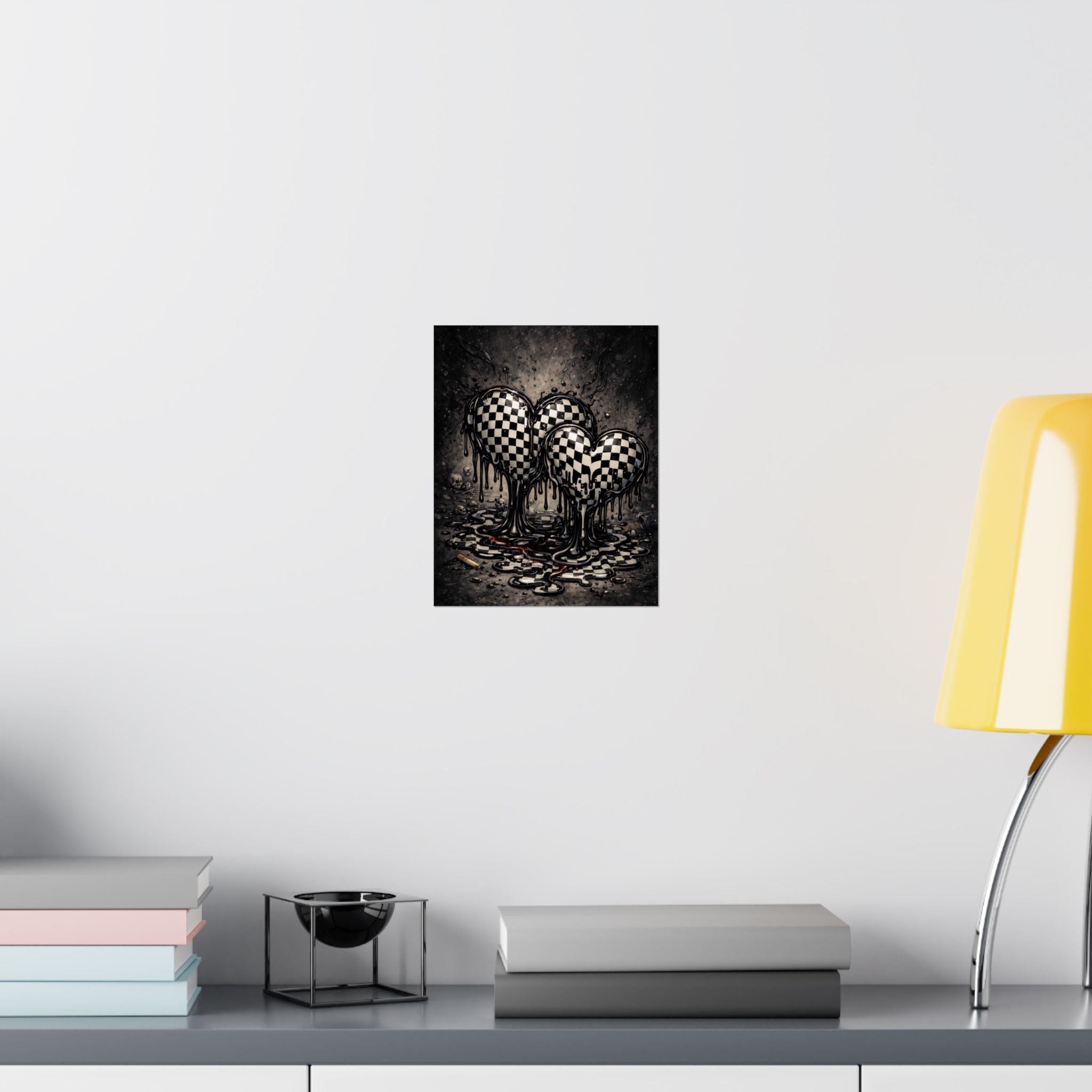 Checkerboard Dripping Hearts Poster - Gothic Black & White Matte Print