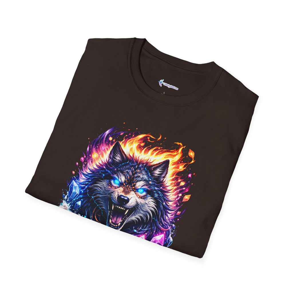 Cosmic Fire Wolf T-Shirt — Vibrant Mystic Wolf Graphic Tee
