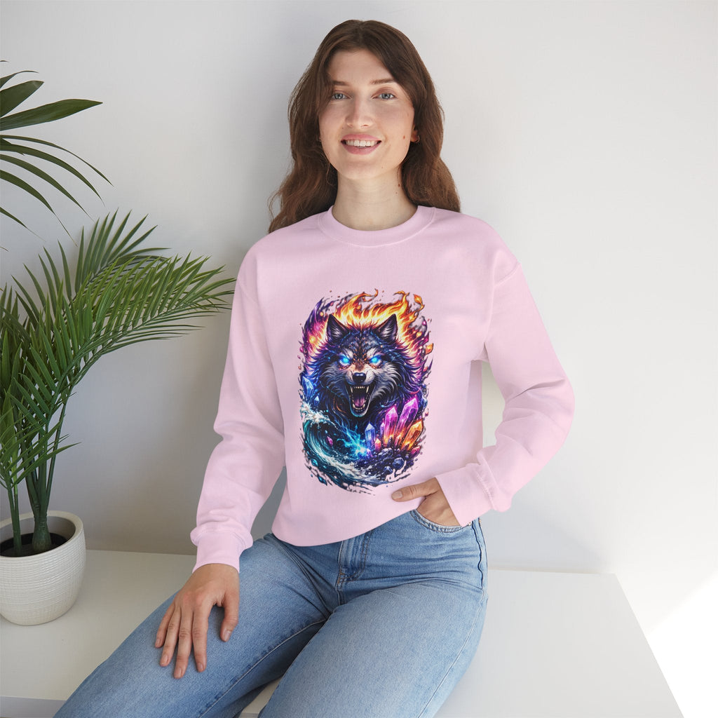 Cosmic Wolf Crewneck Sweatshirt — Neon Fire & Ice Wolf Graphic
