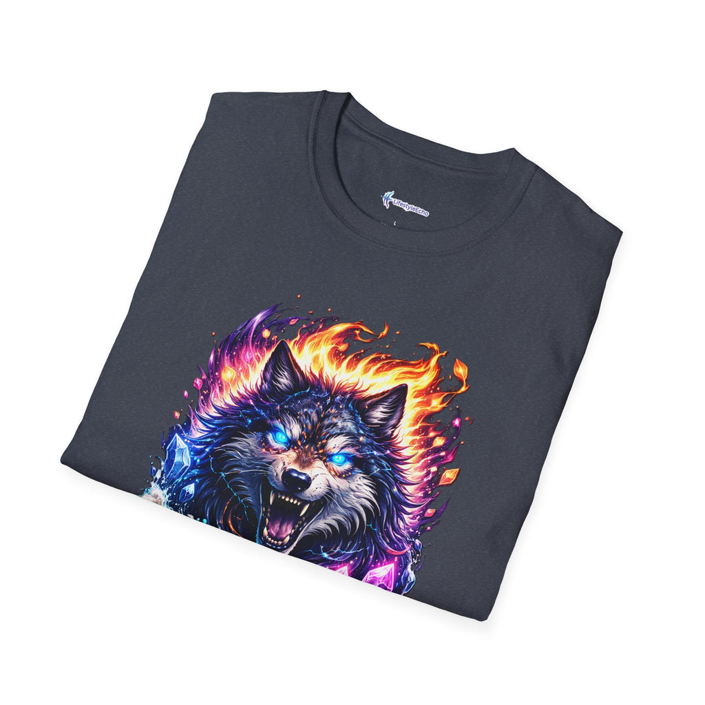 Cosmic Fire Wolf T-Shirt — Vibrant Mystic Wolf Graphic Tee