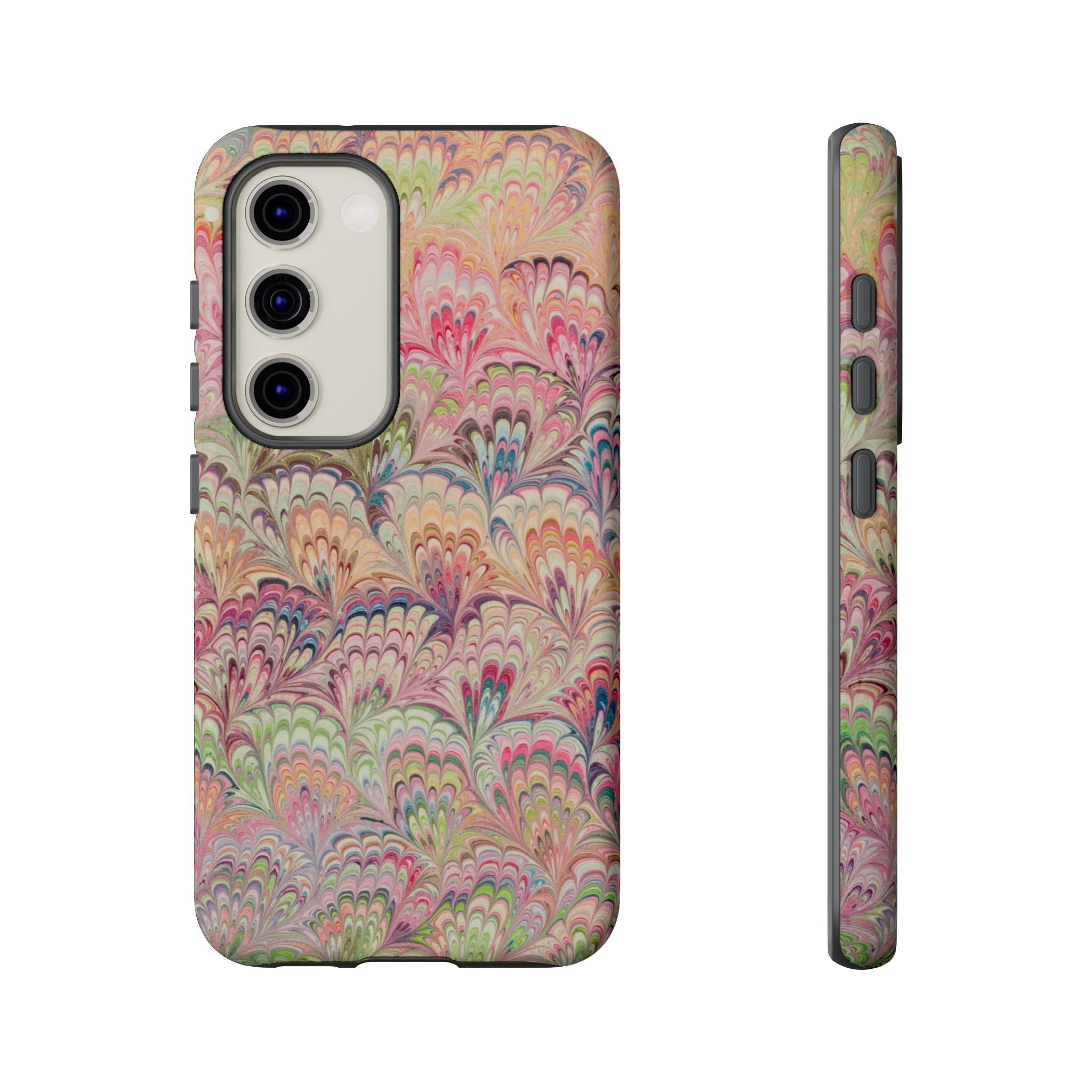 Pastel Pink + Green Feather Marbled Phone Case - Dual Layer Phone Cover