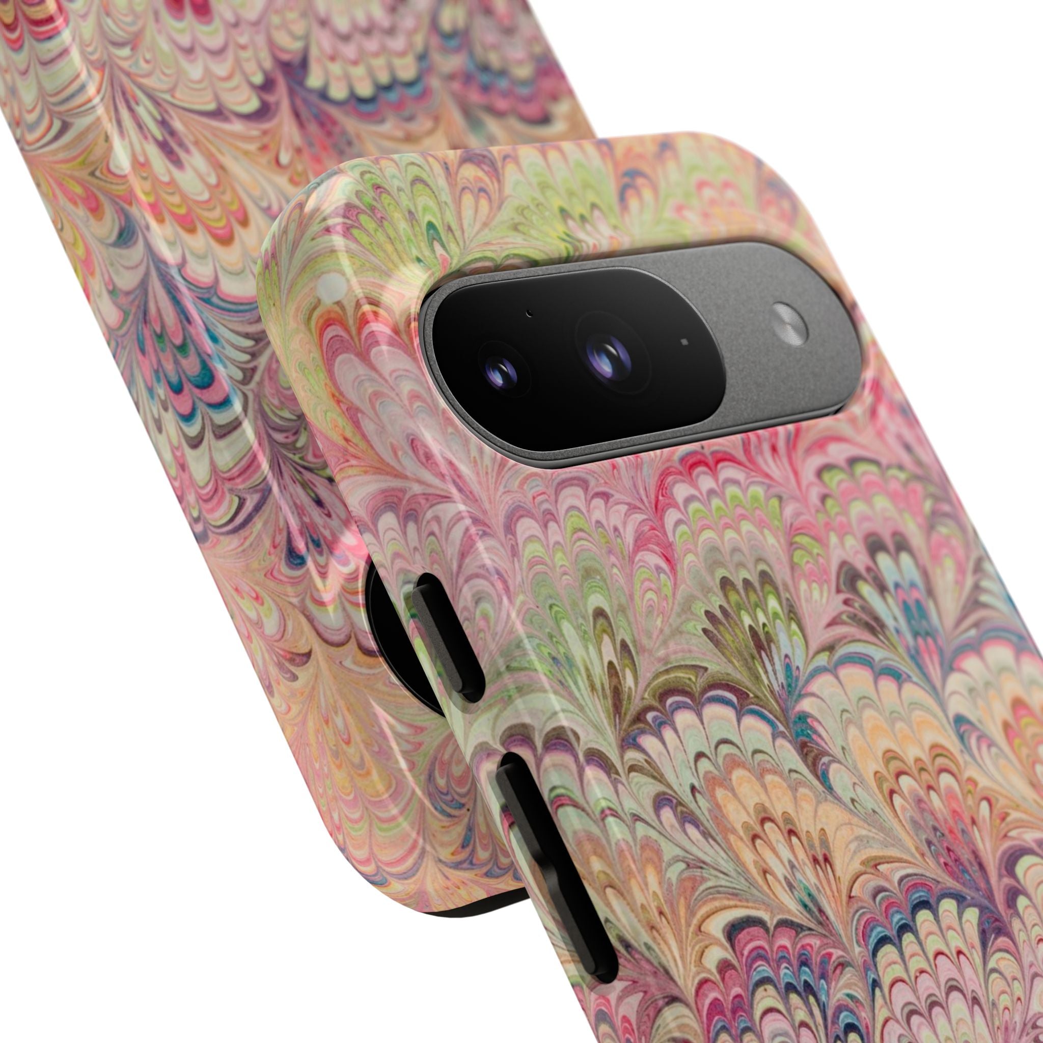 Pastel Pink + Green Feather Marbled Phone Case - Dual Layer Phone Cover