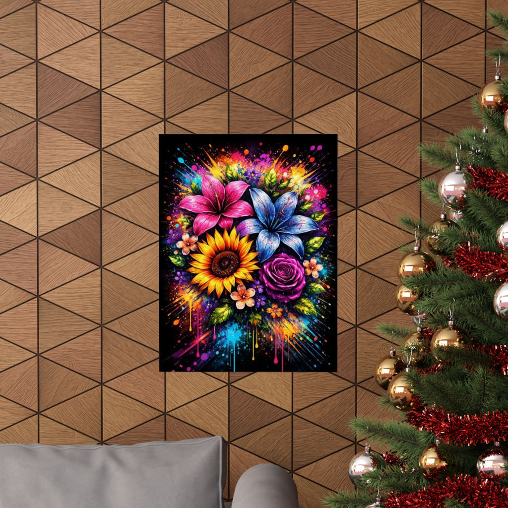 Vibrant Floral Splash Matte Poster — Colorful Sunflower, Lily & Rose Wall Art