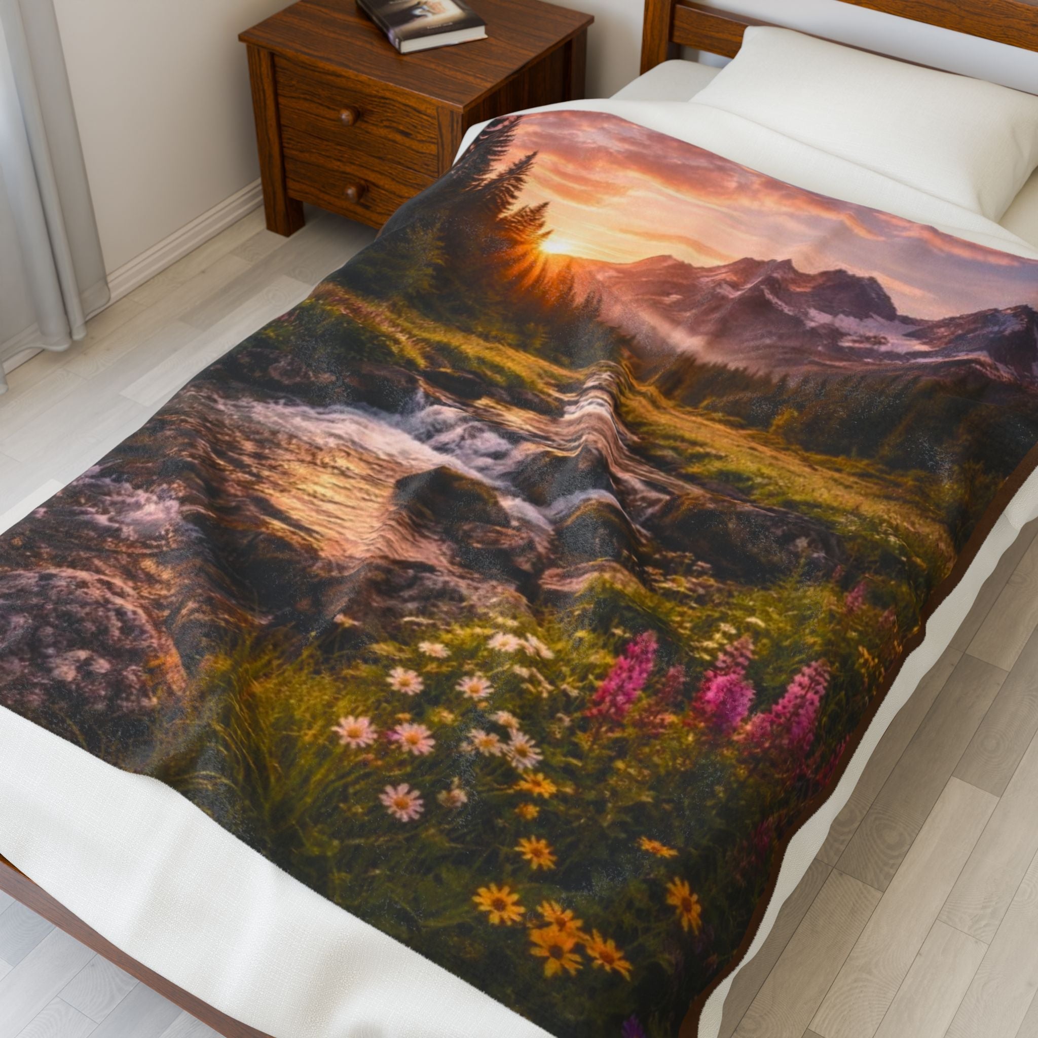 Scenic Mountain Stream Velveteen Plush Blanket — Sunset Alpine River Floral Throw