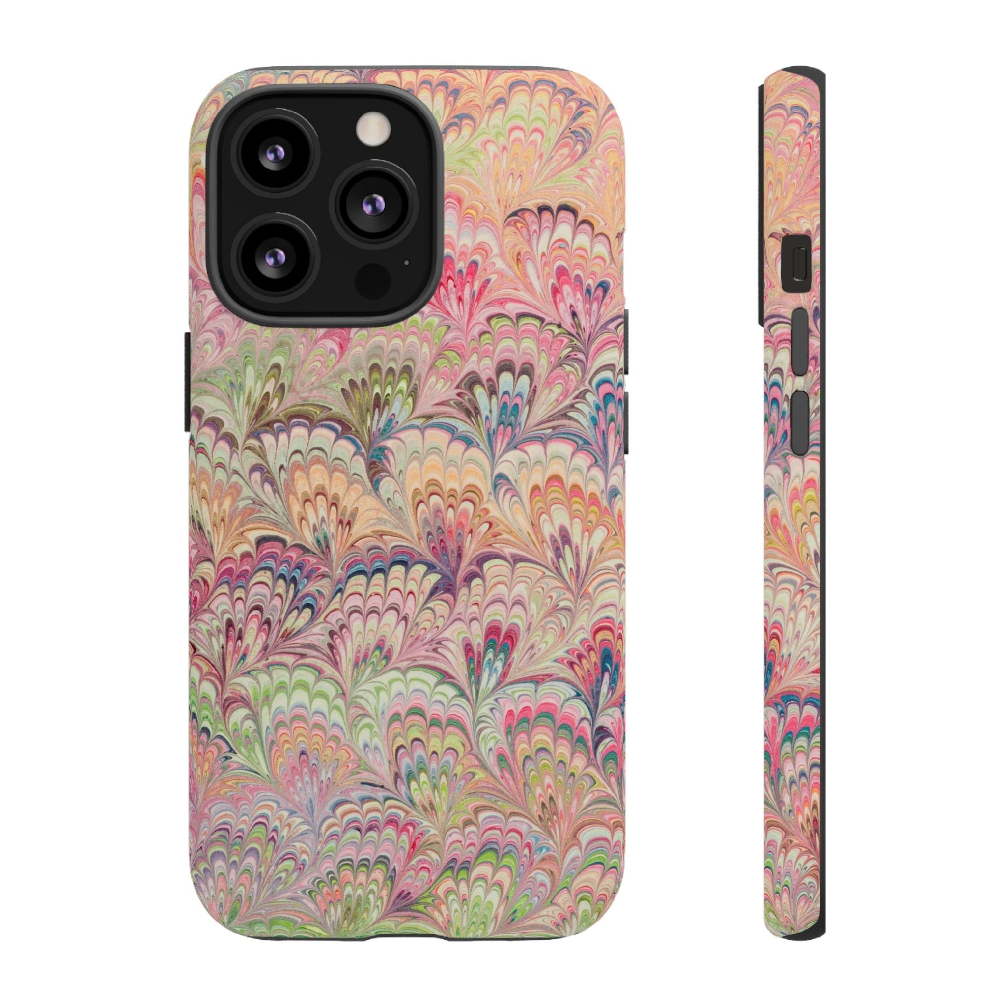 Pastel Pink + Green Feather Marbled Phone Case - Dual Layer Phone Cover