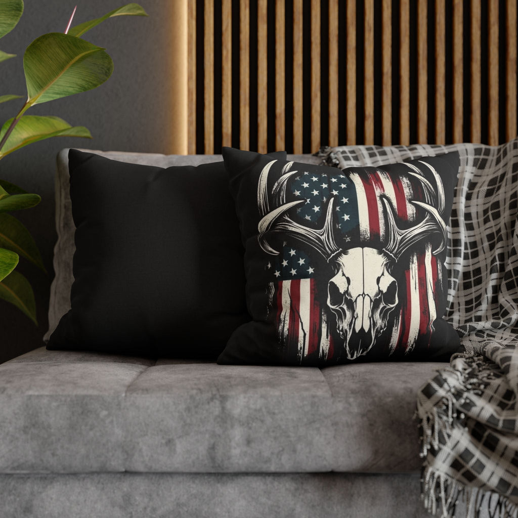 Deer Skull American Flag Throw Pillowcase — Patriotic Hunting Decor