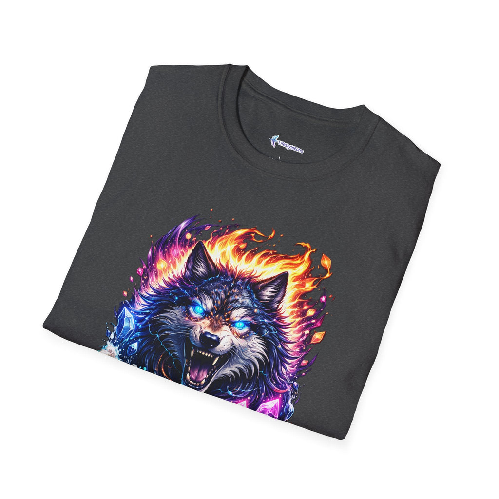 Cosmic Fire Wolf T-Shirt — Vibrant Mystic Wolf Graphic Tee