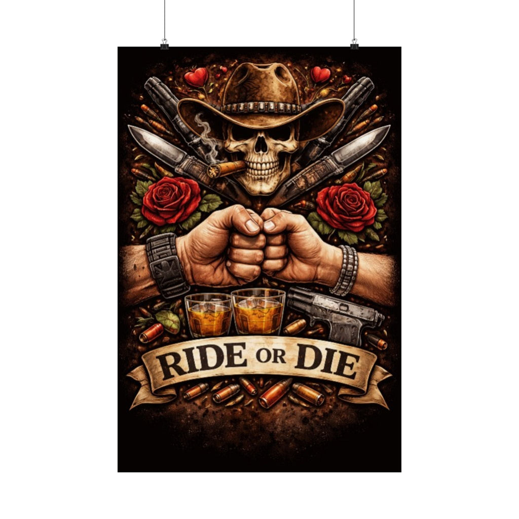 Ride or Die Skull Poster — Cowboy Skull, Fist Bump Motorcycle Bar Art