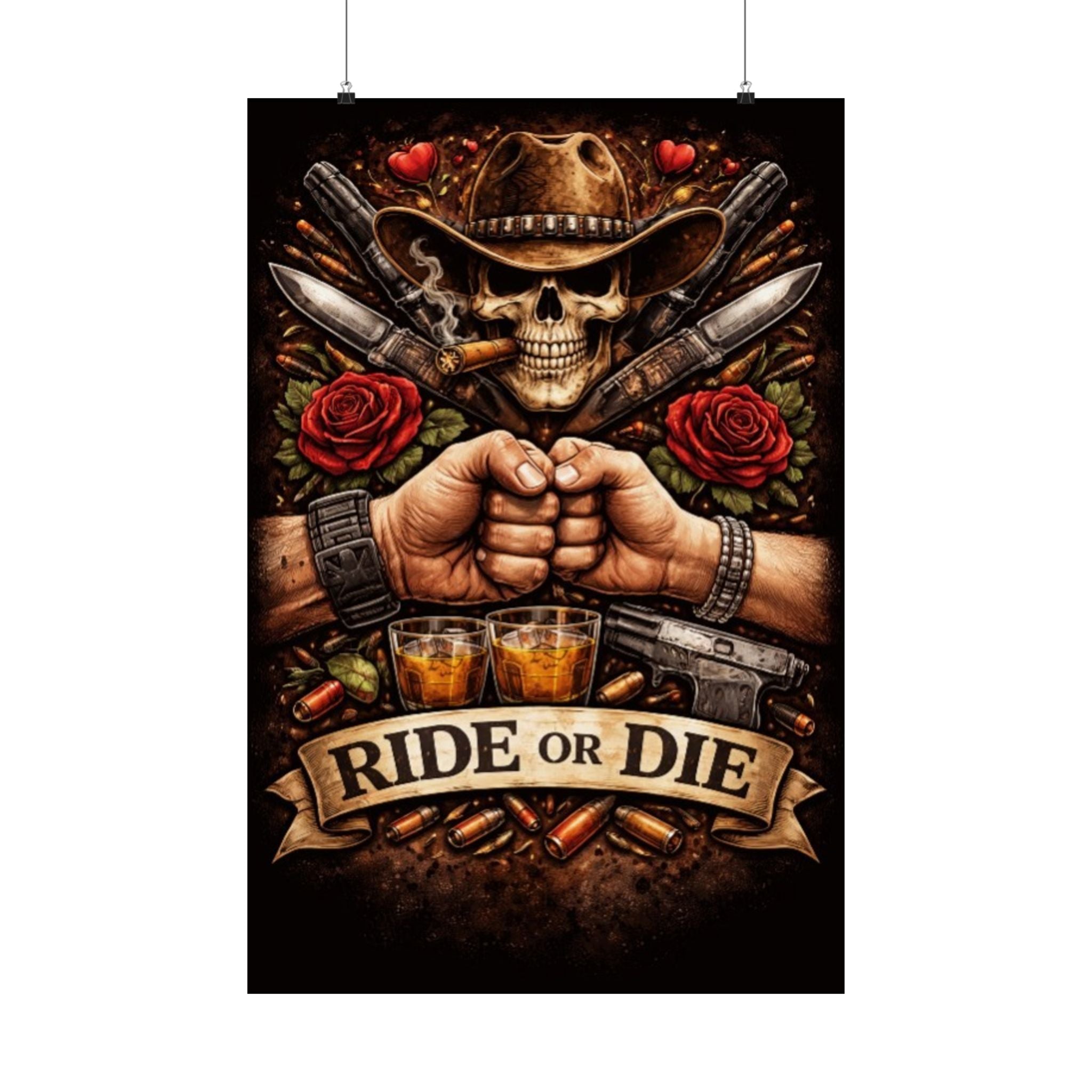 Ride or Die Skull Poster — Cowboy Skull, Fist Bump Motorcycle Bar Art