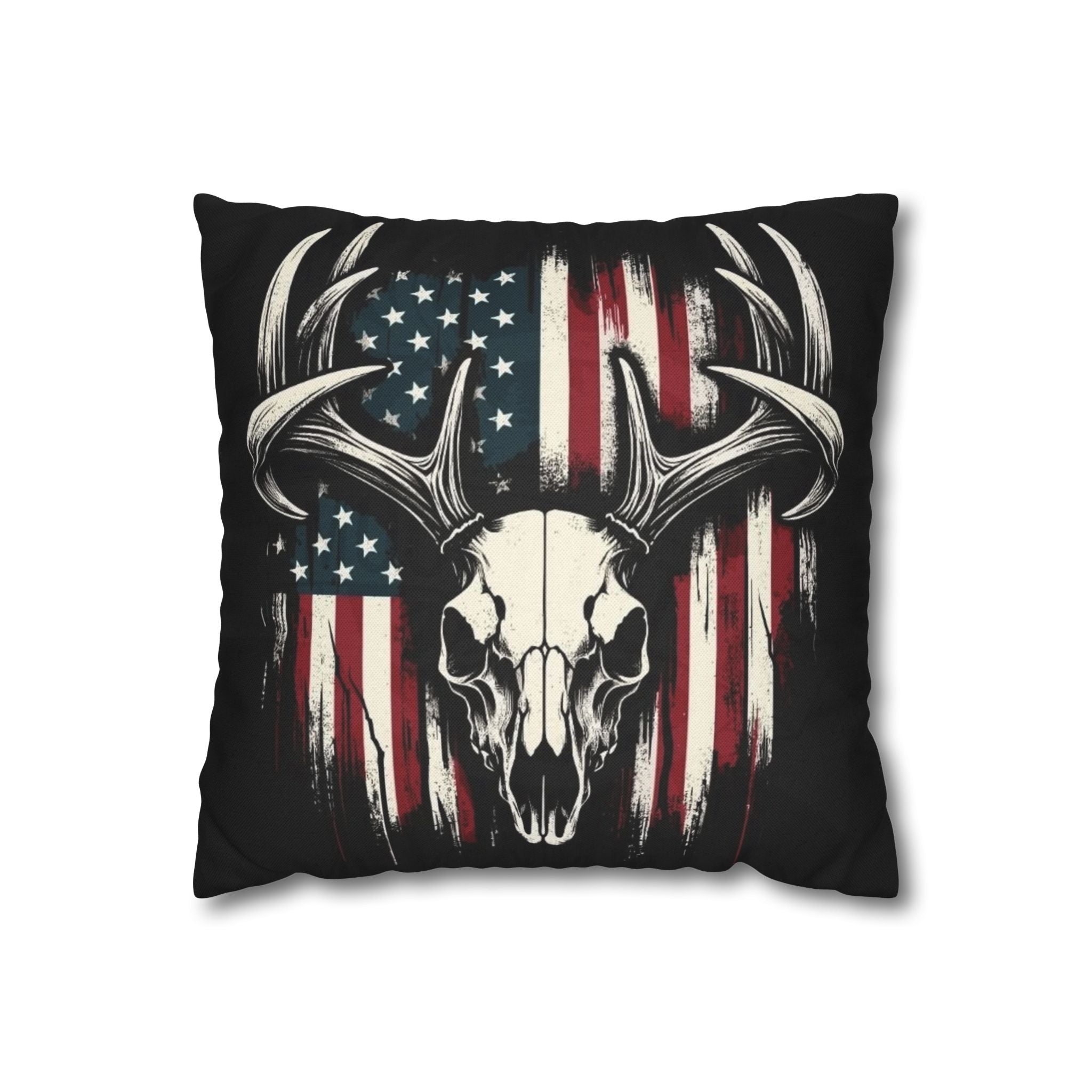 Deer Skull American Flag Throw Pillowcase — Patriotic Hunting Decor