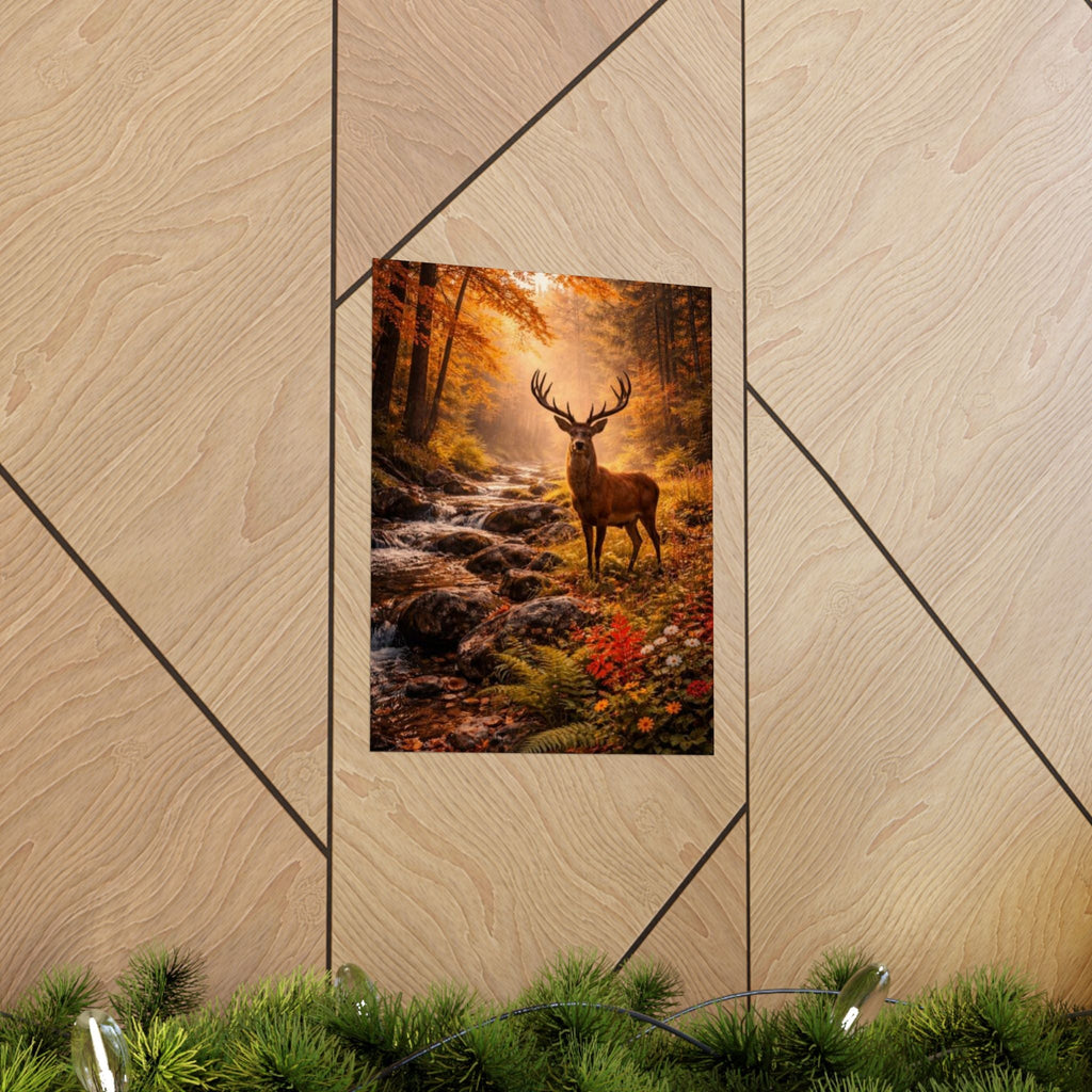 Deer in Autumn Forest Matte Vertical Poster — Rustic Woodland Wall Art