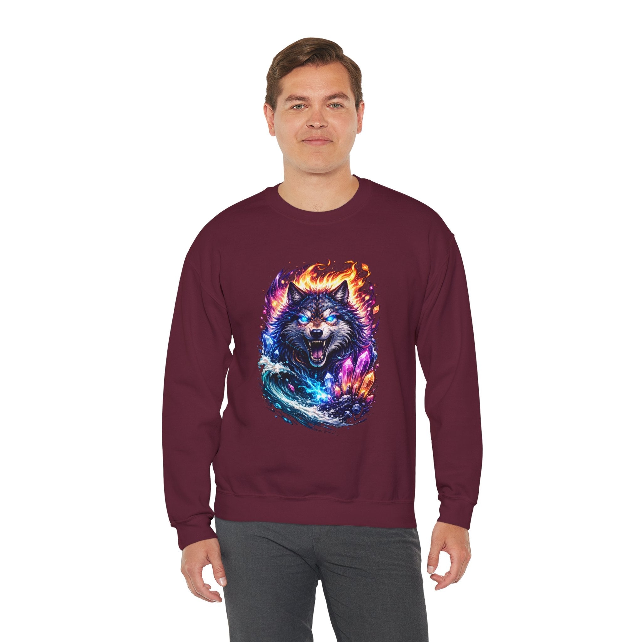 Cosmic Wolf Crewneck Sweatshirt — Neon Fire & Ice Wolf Graphic