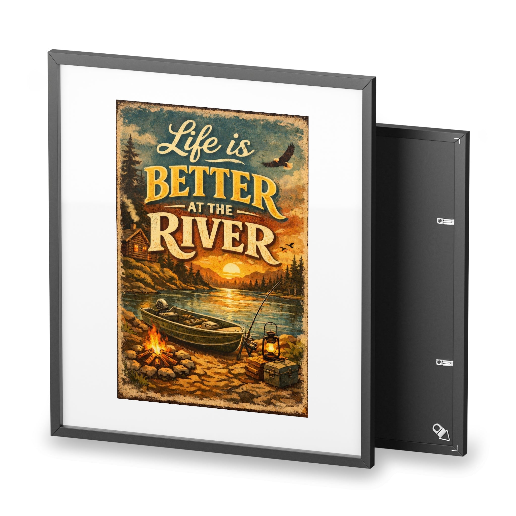 Life Is Better at the River — Framed Matte Poster (Rustic Lake Cabin Wall Art)
