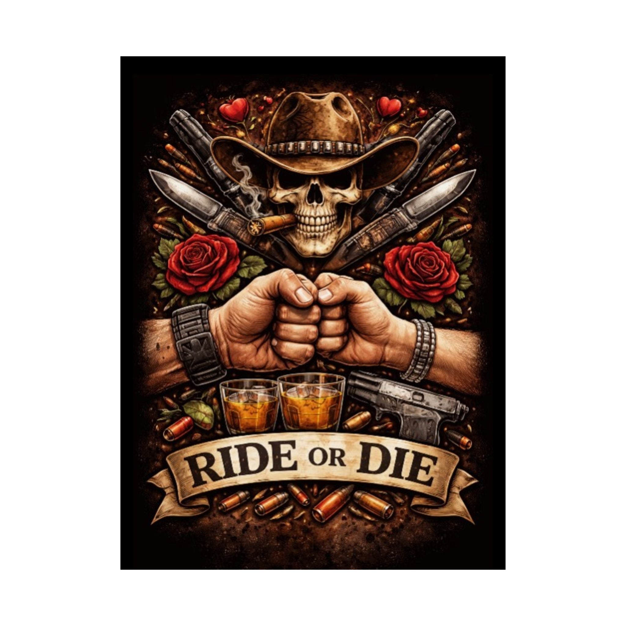 Ride or Die Skull Poster — Cowboy Skull, Fist Bump Motorcycle Bar Art