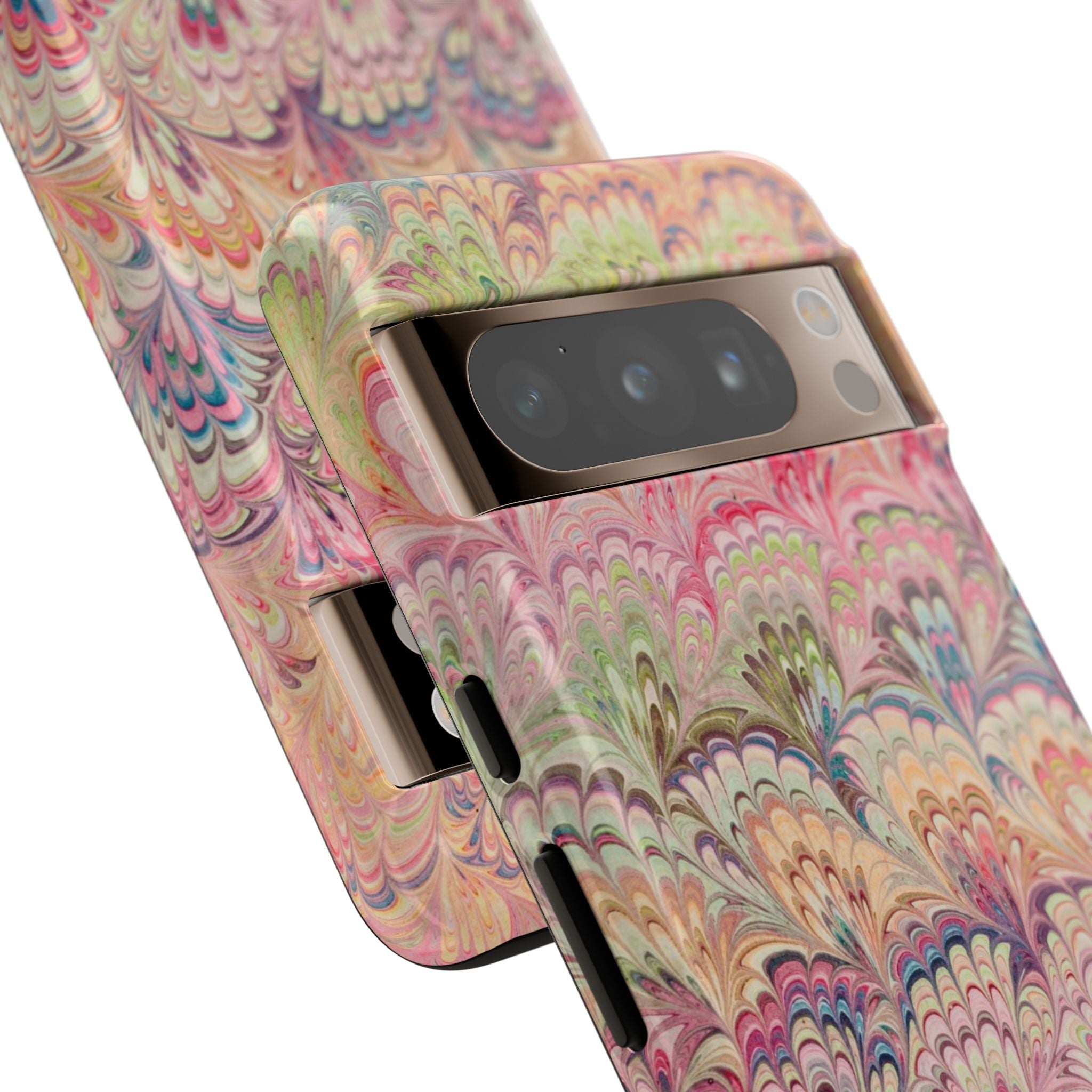 Pastel Pink + Green Feather Marbled Phone Case - Dual Layer Phone Cover