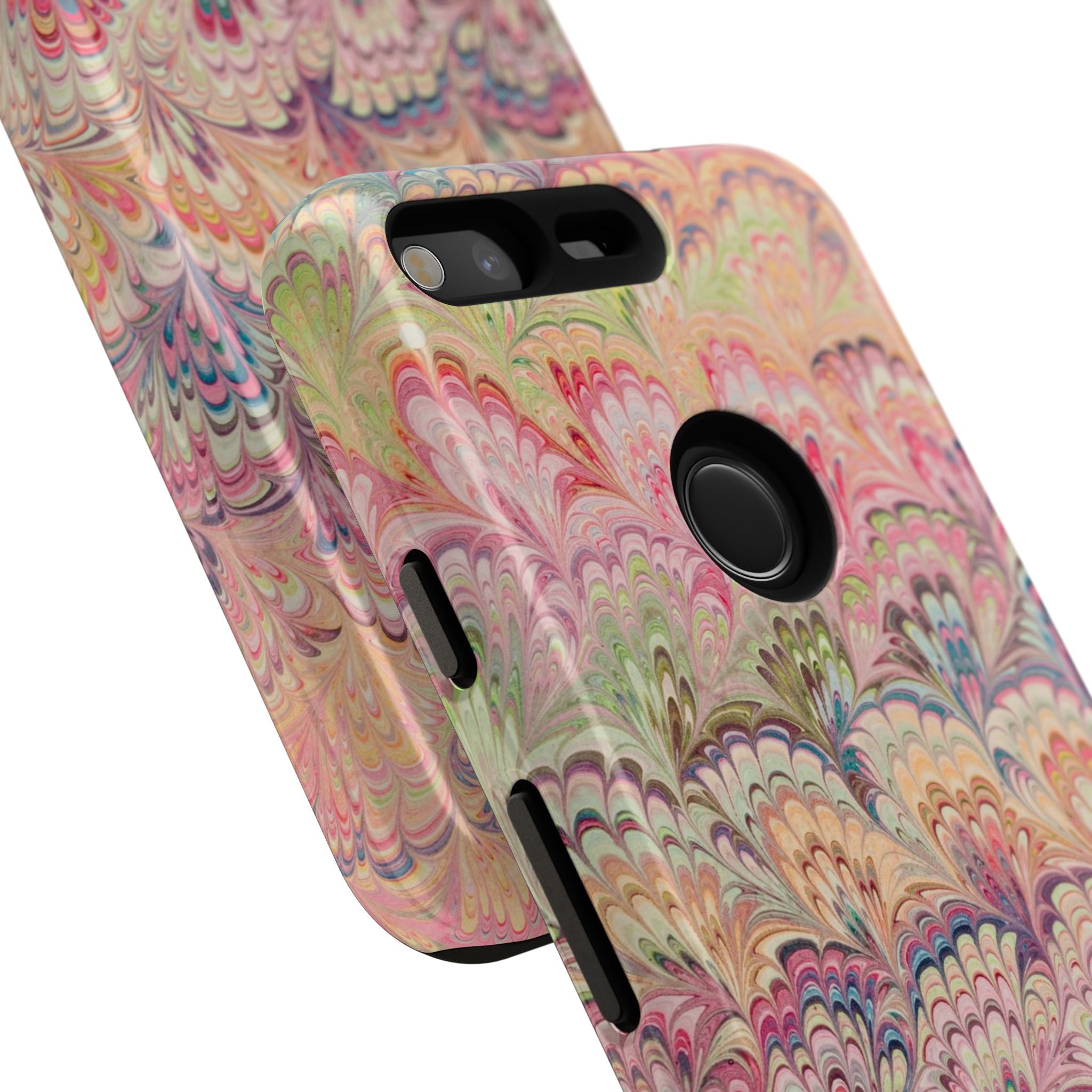 Pastel Pink + Green Feather Marbled Phone Case - Dual Layer Phone Cover