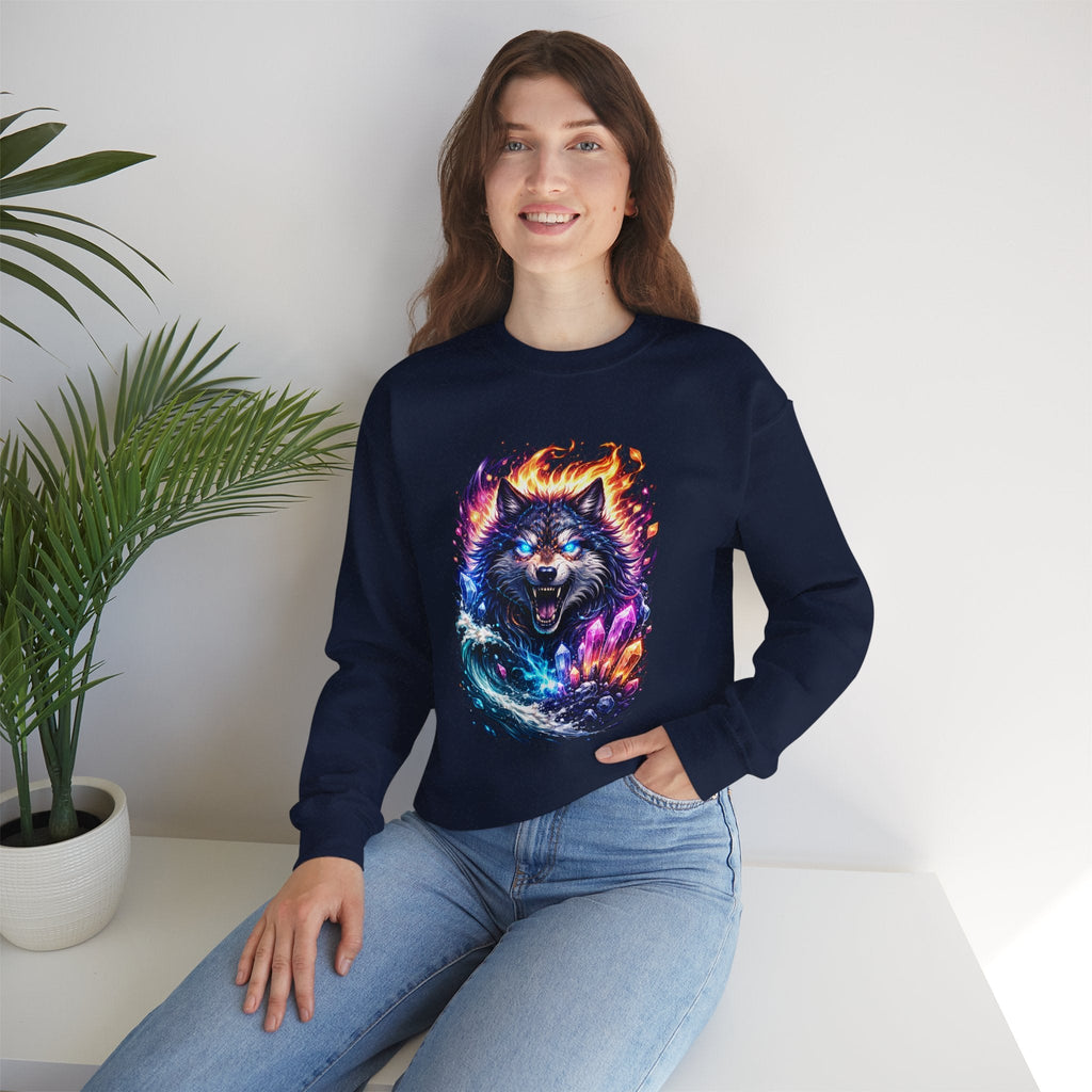 Cosmic Wolf Crewneck Sweatshirt — Neon Fire & Ice Wolf Graphic