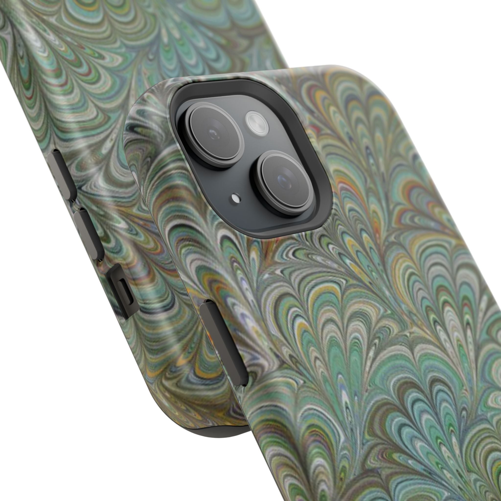 iPhone17 + All Models Phone Cases, Italian Peacock Feather Design, Stylish Impact-Resistant Shell, Protective Cover, Green Peacock Print