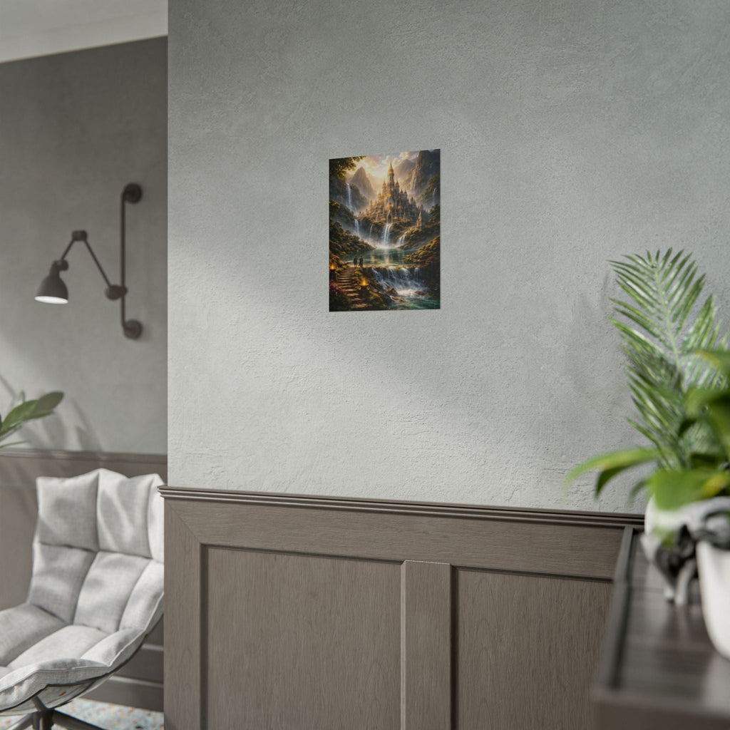 Fantasy Castle Rolled Poster — Enchanted Waterfall Landscape Wall Art