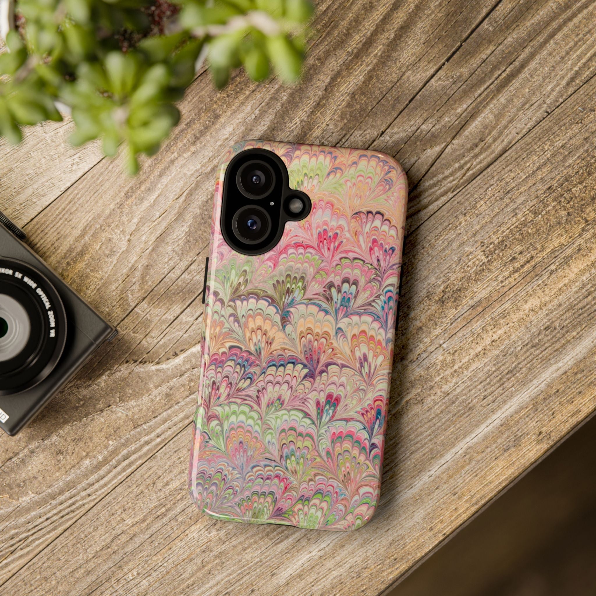 Pastel Pink + Green Feather Marbled Phone Case - Dual Layer Phone Cover