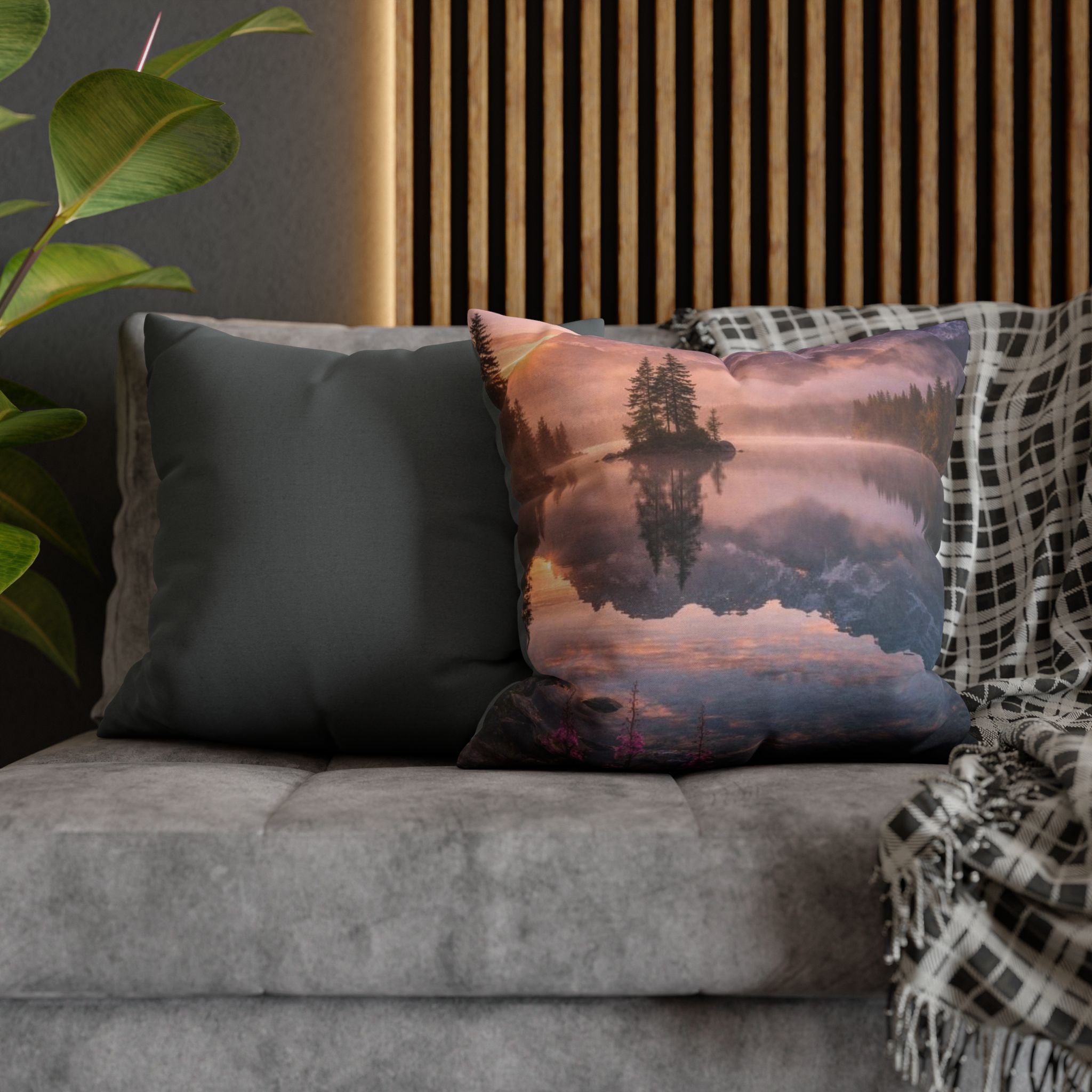 Scenic Lake Reflection Square Pillow — Mountain Sunrise Decorative Pillowcase