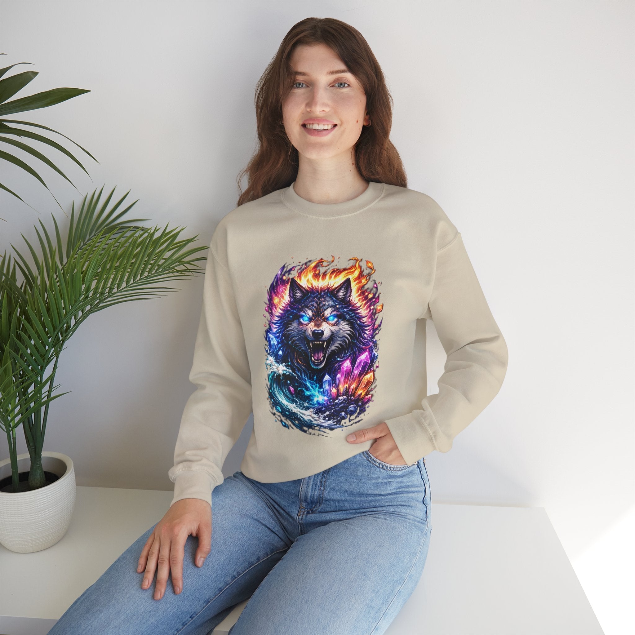 Cosmic Wolf Crewneck Sweatshirt — Neon Fire & Ice Wolf Graphic