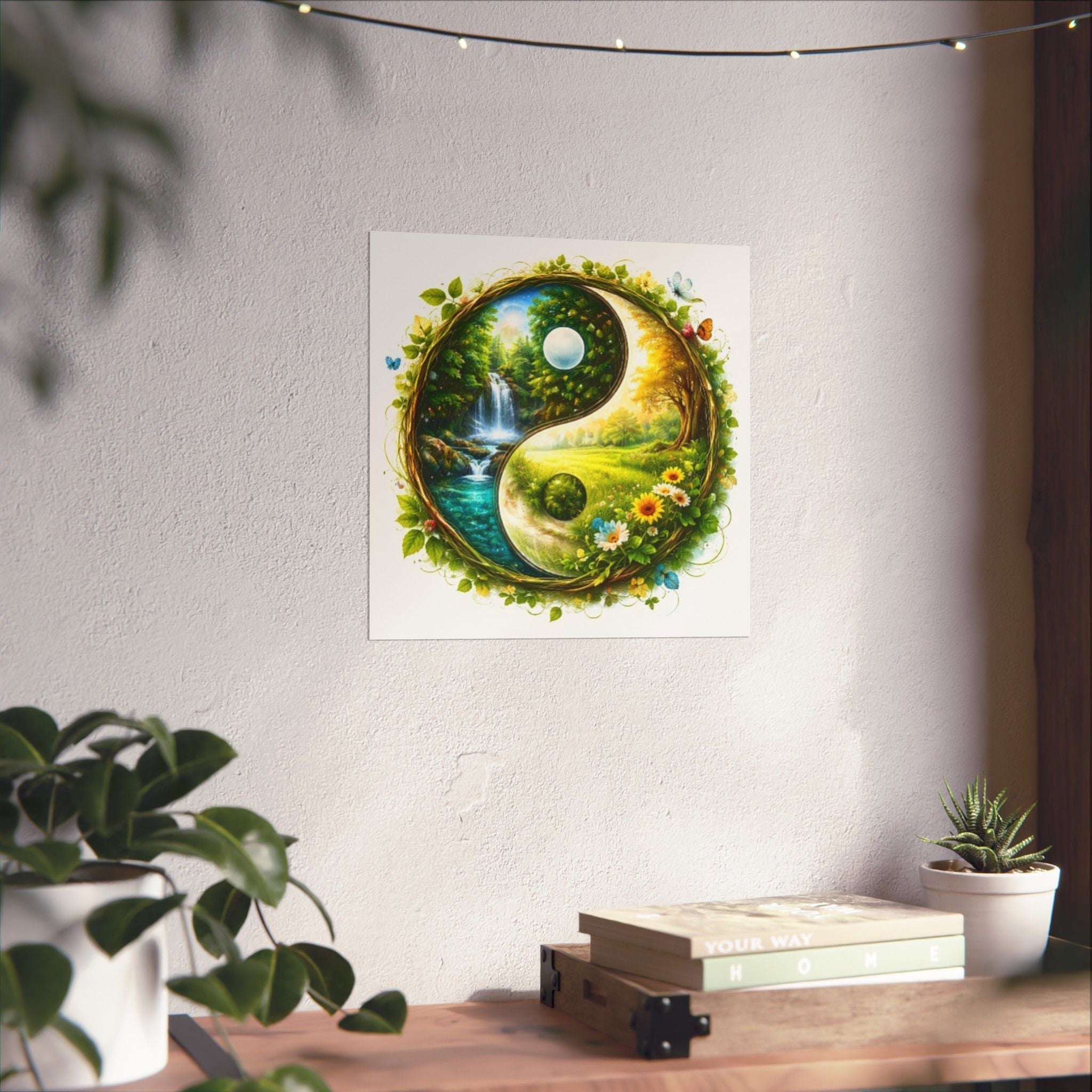 Yin Yang Nature Poster — Scenic Waterfall & Meadow Matte Vertical Print
