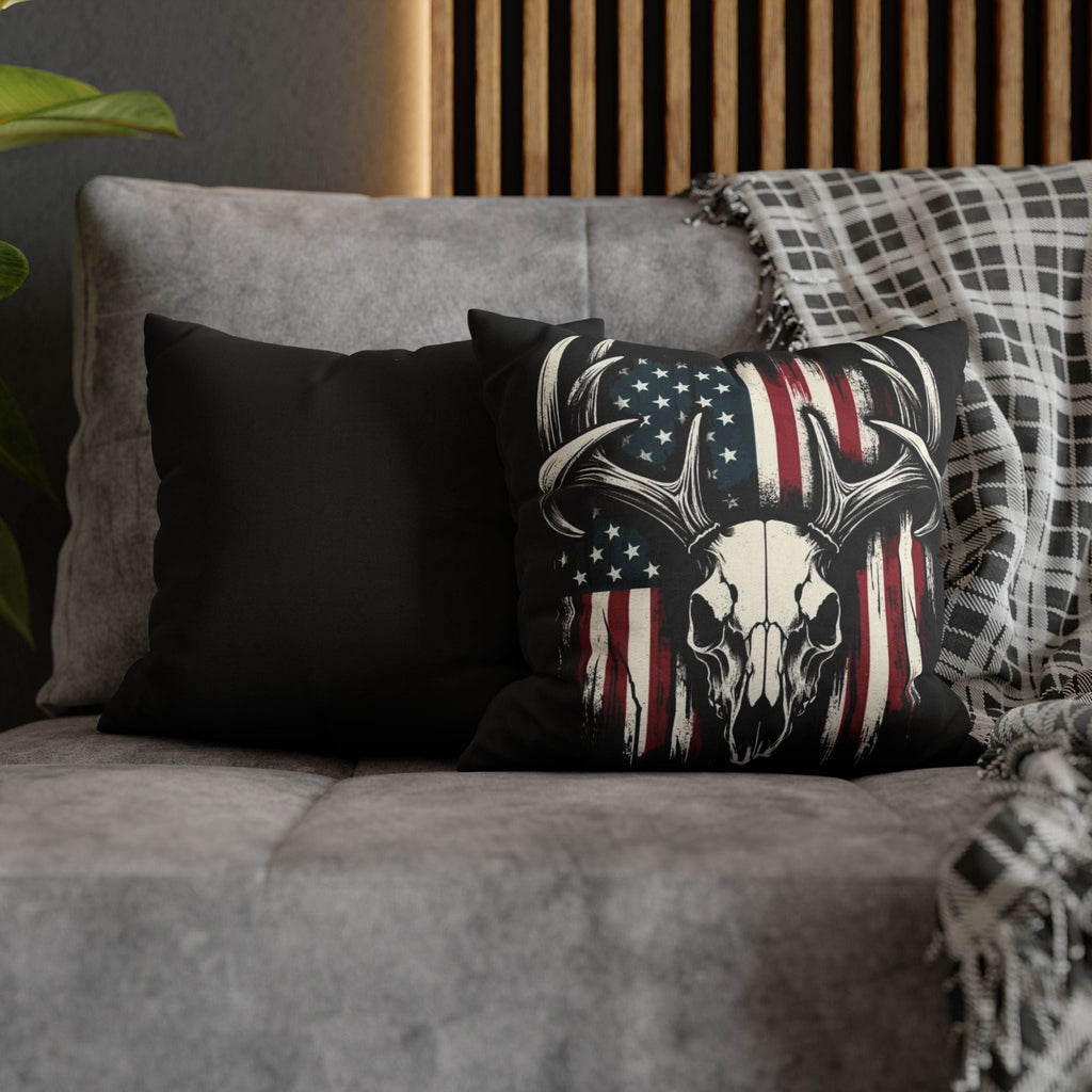 Deer Skull American Flag Throw Pillowcase — Patriotic Hunting Decor