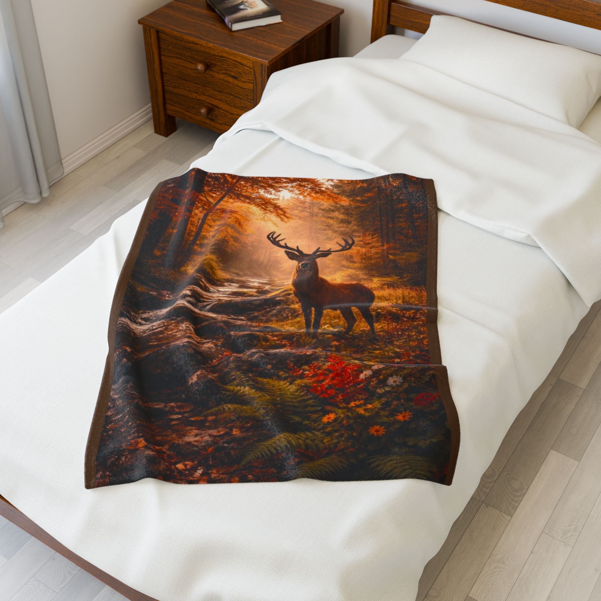 Autumn Forest Deer Velveteen Plush Blanket — Cozy Fall Cabin Throw