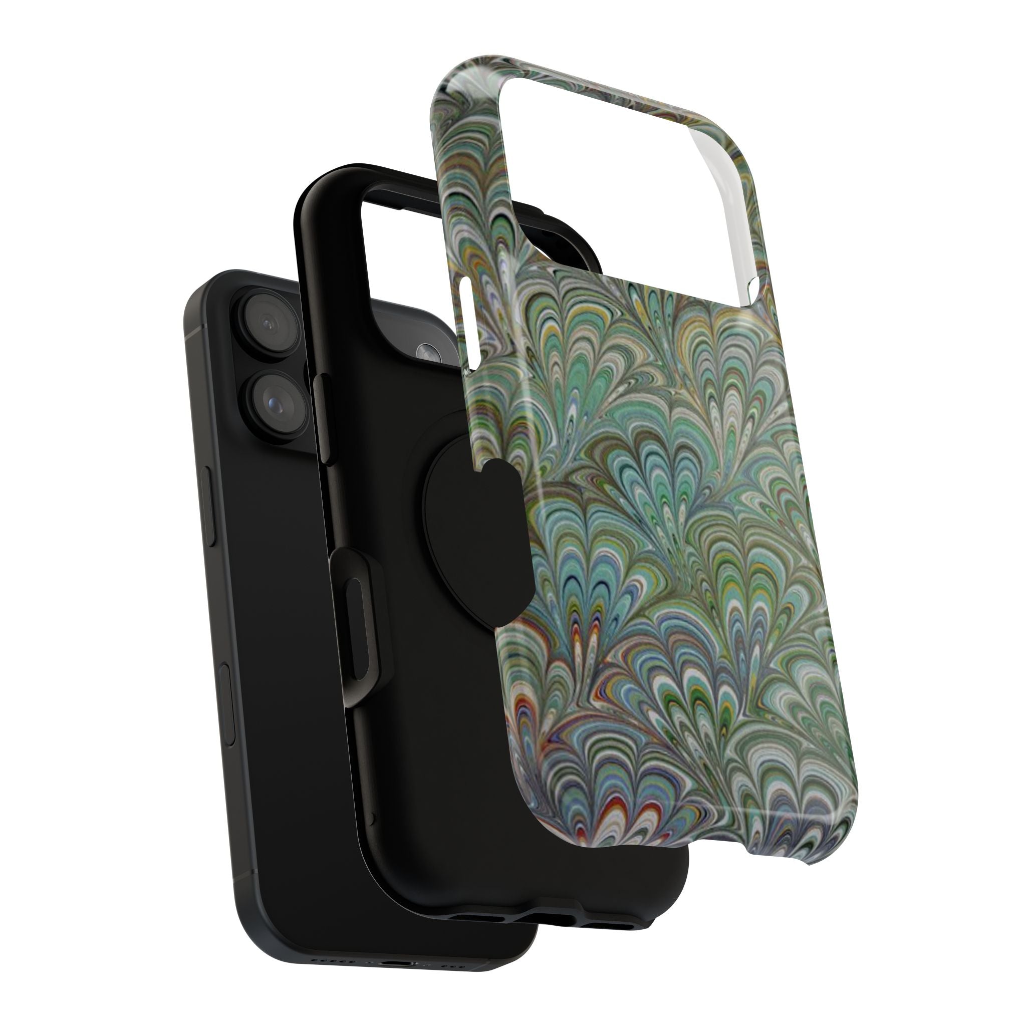 iPhone17 + All Models Phone Cases, Italian Peacock Feather Design, Stylish Impact-Resistant Shell, Protective Cover, Green Peacock Print
