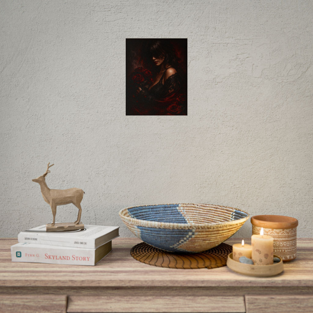 Dark Romantic Art Poster — Gothic Woman with Red Roses, Moody Wall Art