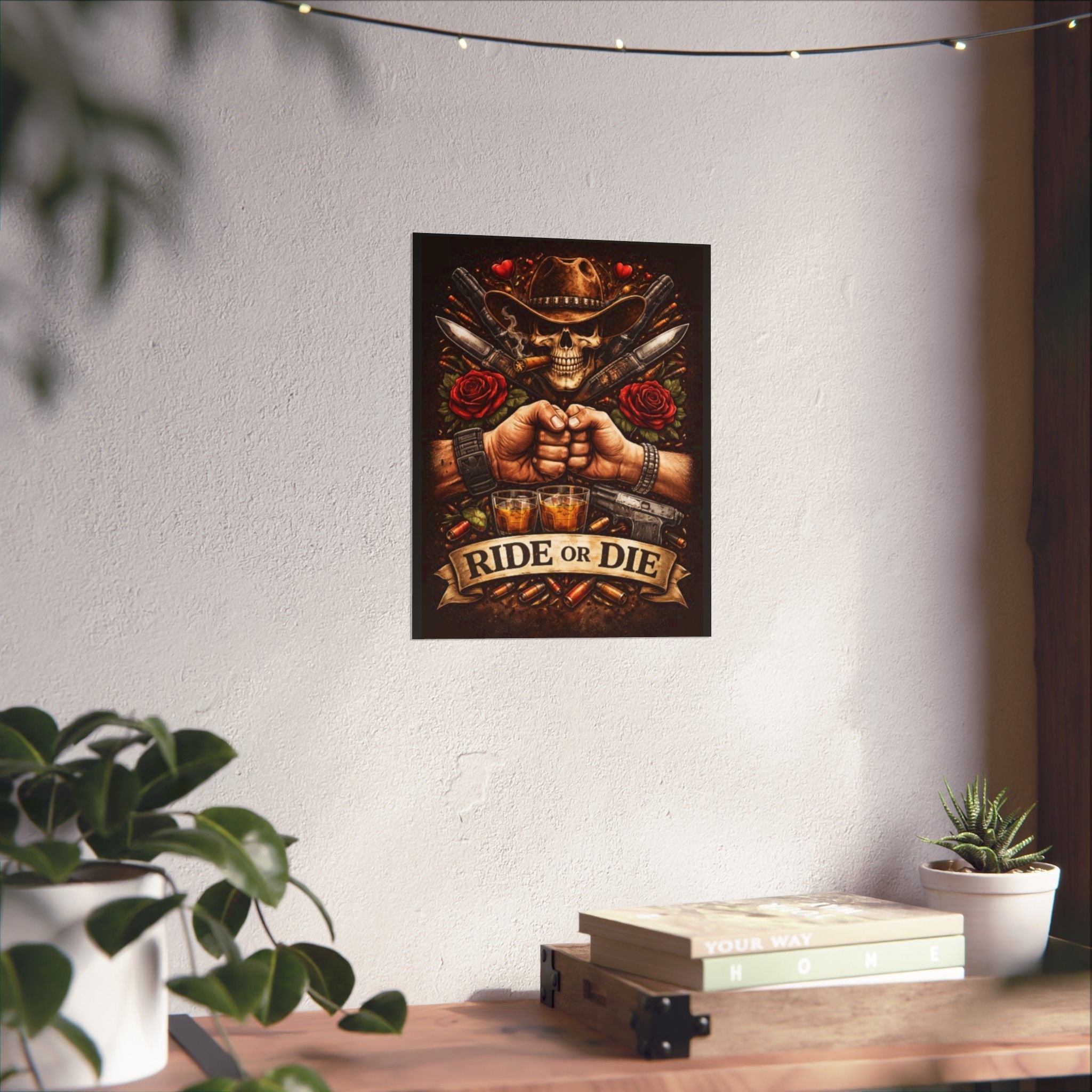 Ride or Die Skull Poster — Cowboy Skull, Fist Bump Motorcycle Bar Art