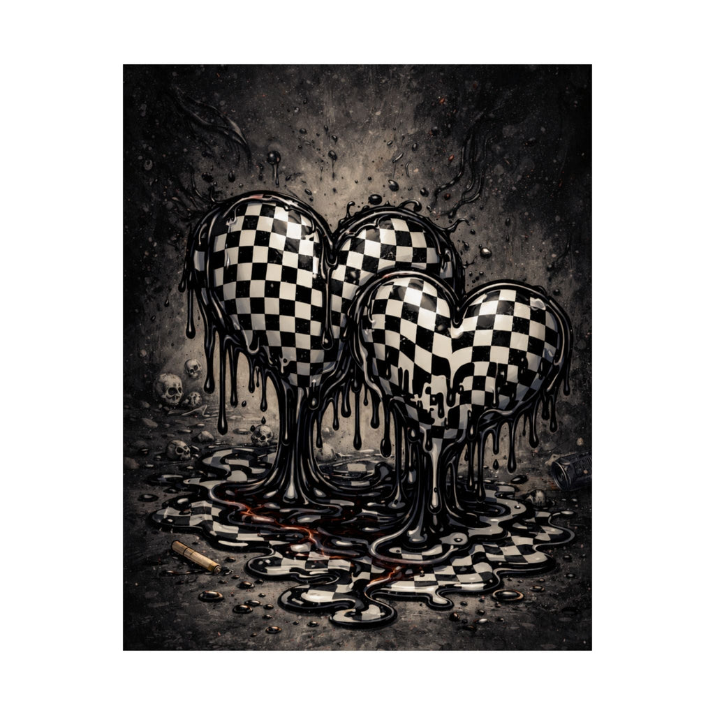 Checkerboard Dripping Hearts Poster - Gothic Black & White Matte Print