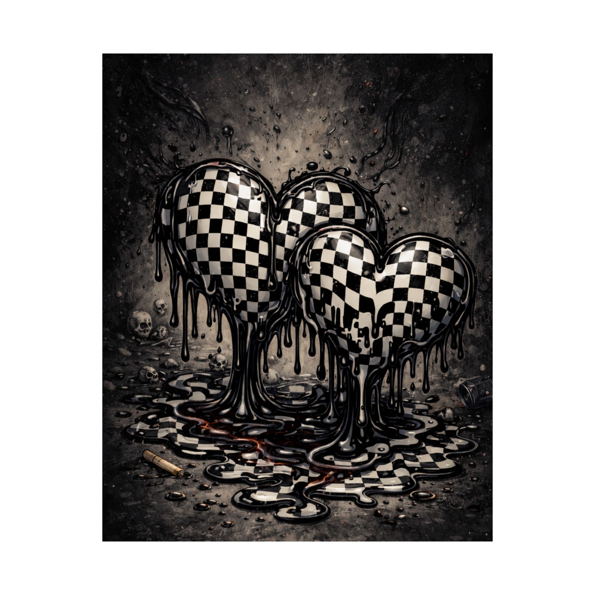 Checkerboard Dripping Hearts Poster - Gothic Black & White Matte Print
