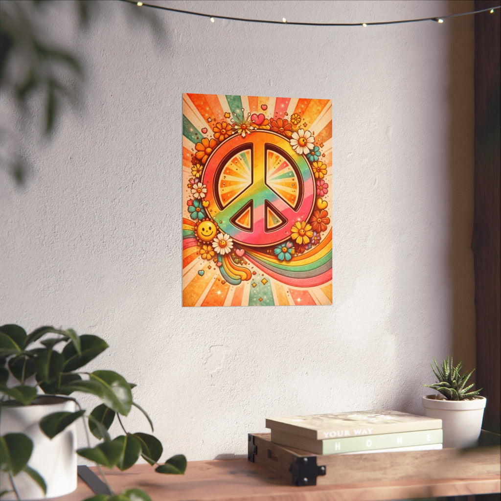 Retro Peace Sign Poster — 70s Hippie Flower Power Matte Vertical Print
