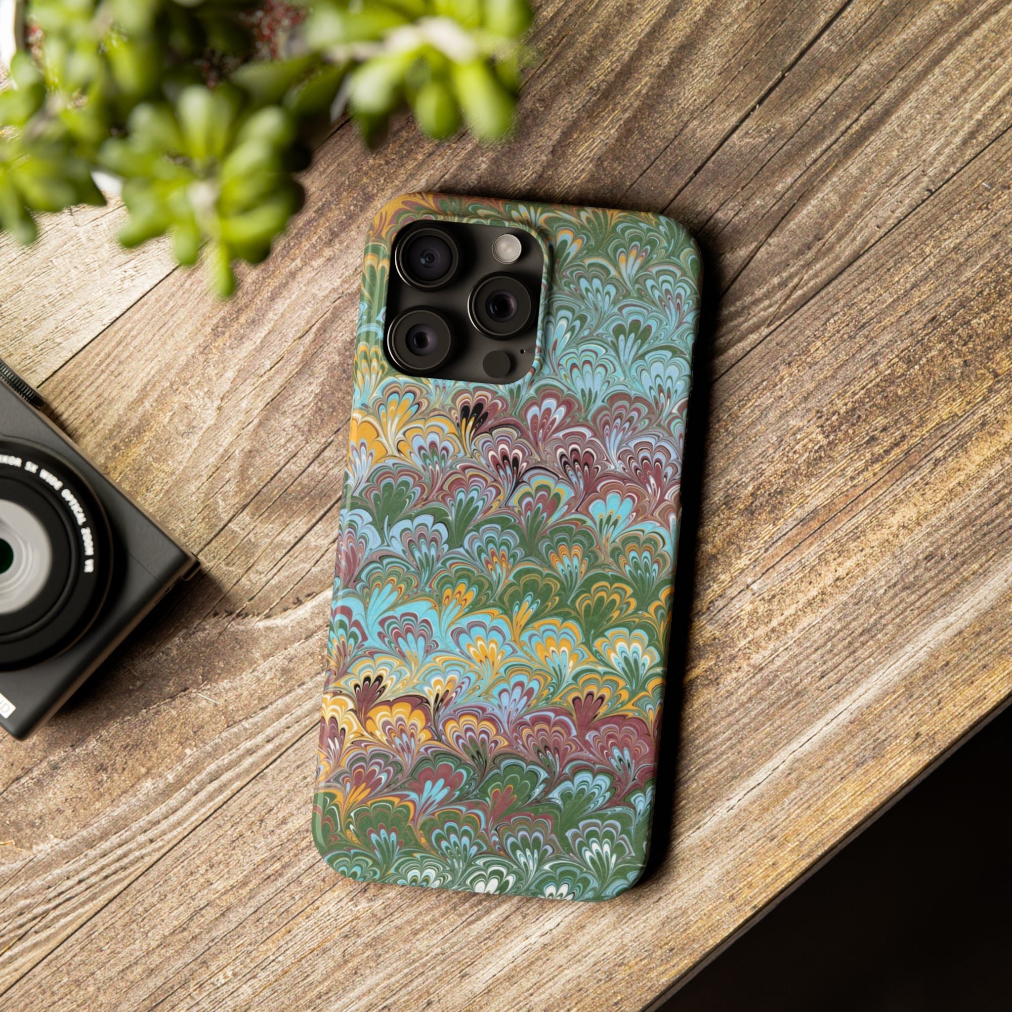 Phone Case with Design from Italy - Marbled "Peacock" Design, Green, Blue, Multi-Color Slim Phone Cases