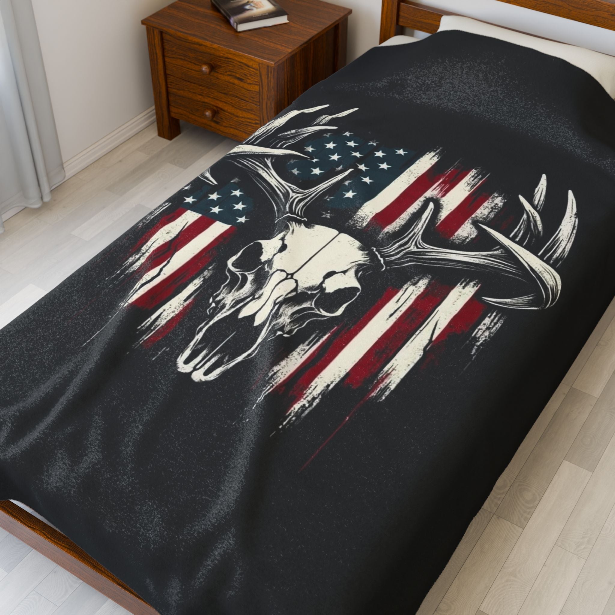 American Flag Deer Skull Velveteen Plush Blanket