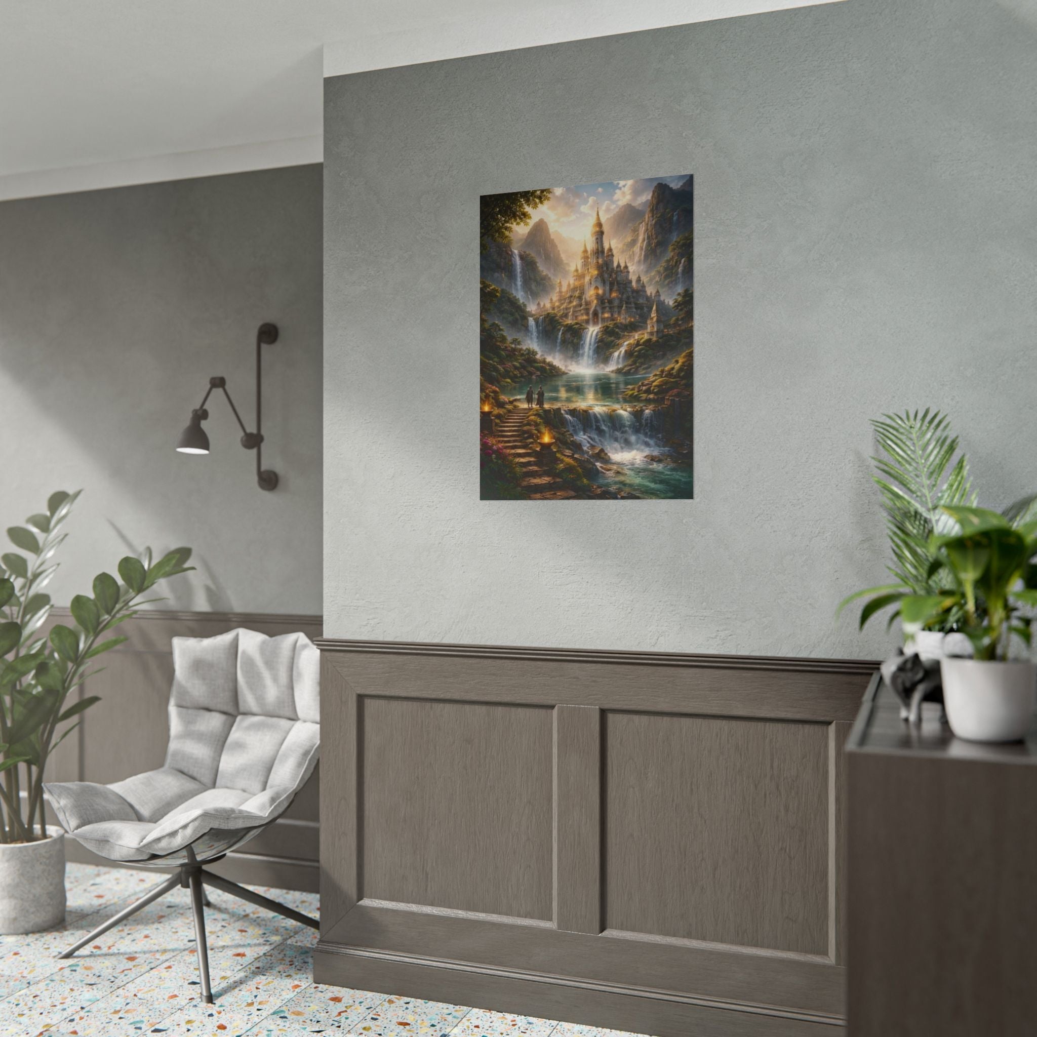 Fantasy Castle Rolled Poster — Enchanted Waterfall Landscape Wall Art