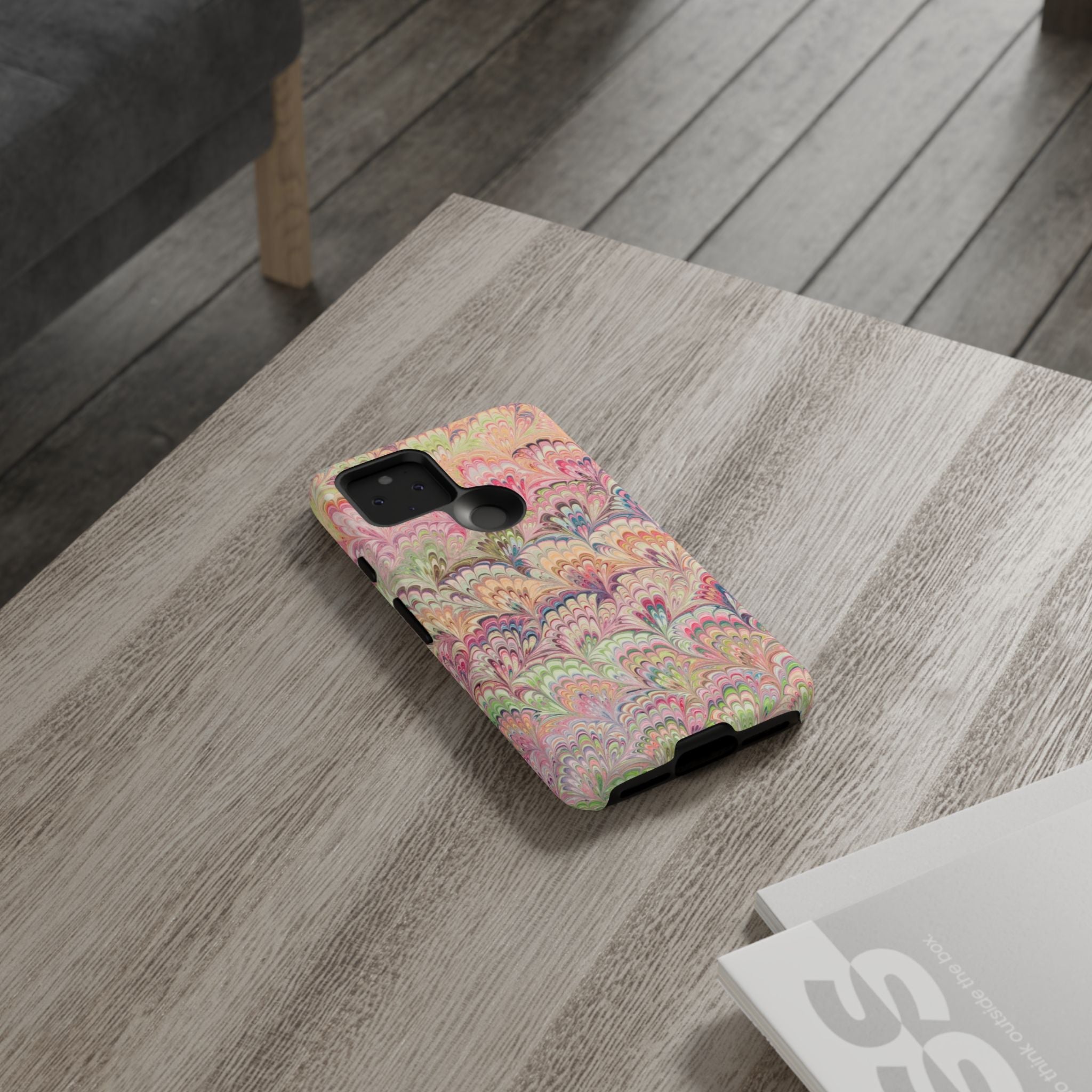 Pastel Pink + Green Feather Marbled Phone Case - Dual Layer Phone Cover