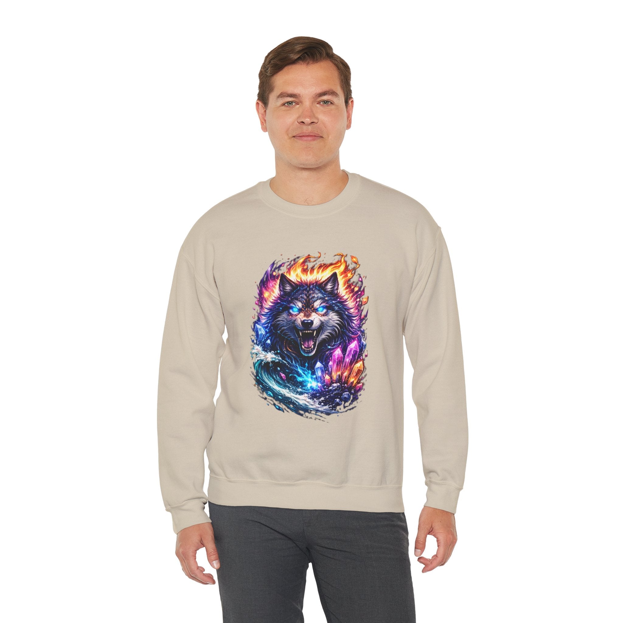 Cosmic Wolf Crewneck Sweatshirt — Neon Fire & Ice Wolf Graphic