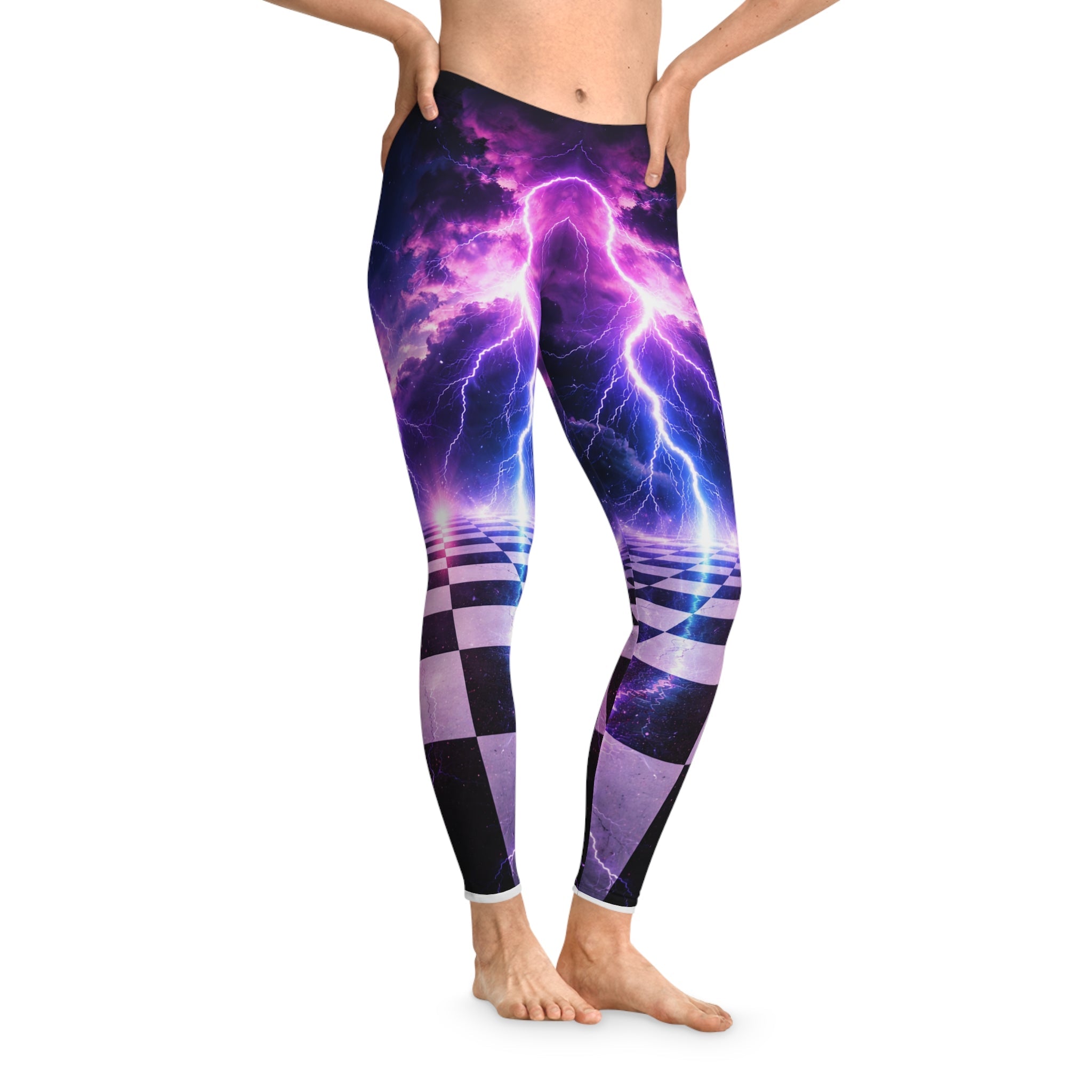 Electric Purple Lightning Leggings — Retro Checkerboard AOP Yoga Leggings